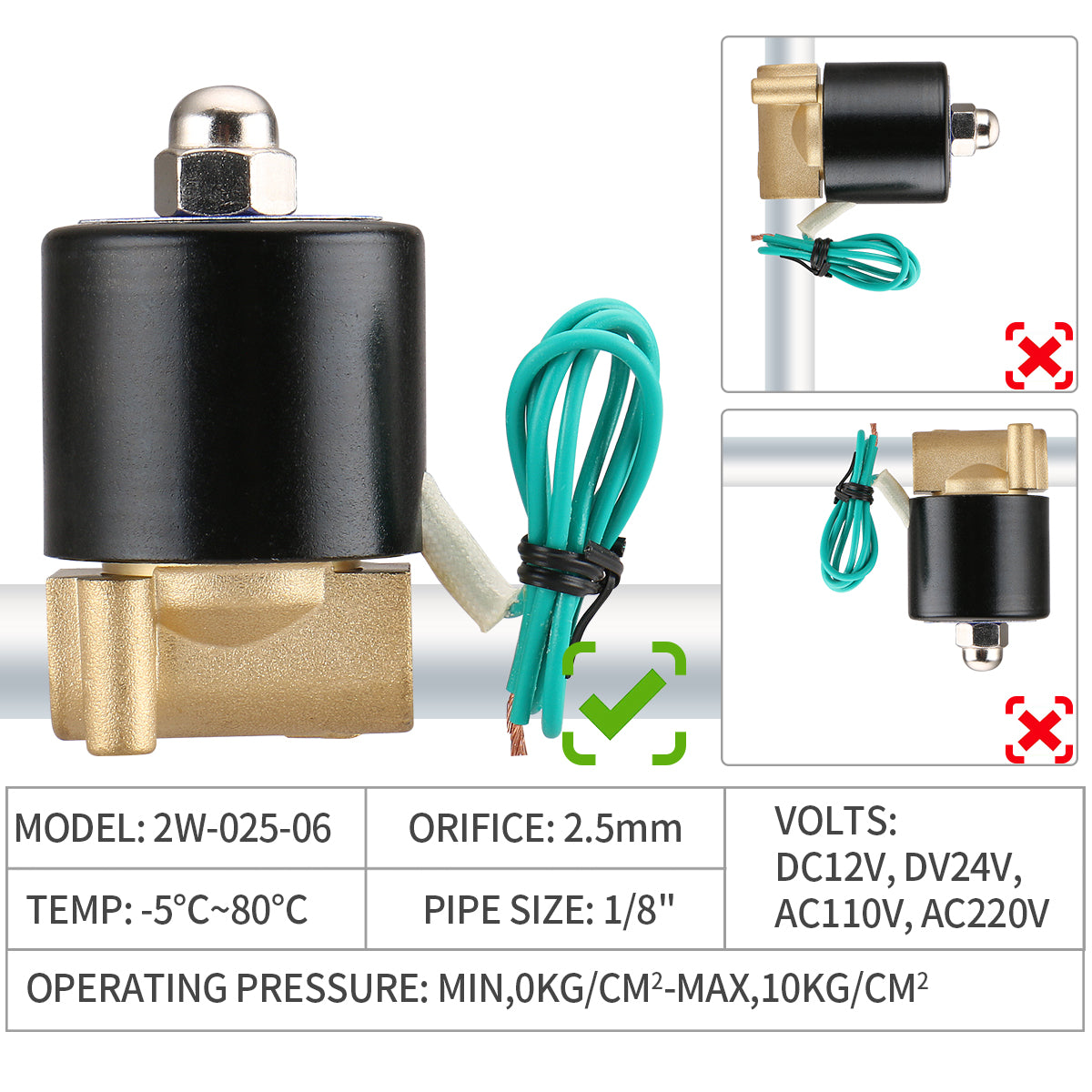 Baomain Pneumatic  1/8 inch 12V/24V/110V/220V Brass Electric Solenoid Valve 2W-025-06 Normally Closed Water, Air - BAOMAIN