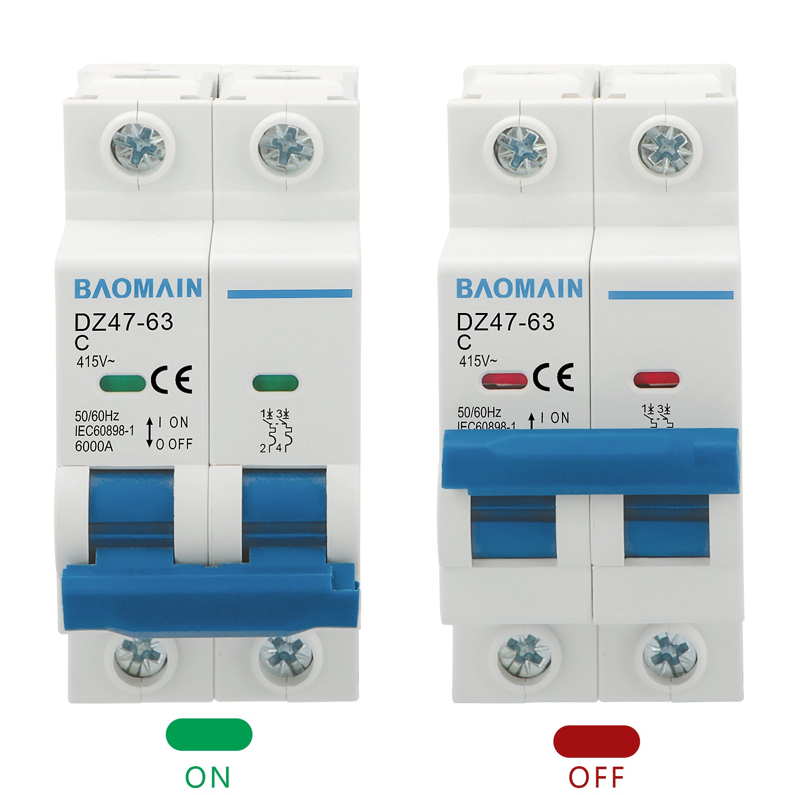 Baomain Miniatur-Leistungsschalter 2-polig DZ47-63 C20 AC 415 V 20 Ampere 6000 A, DIN-Schienenmontage MCB 2P