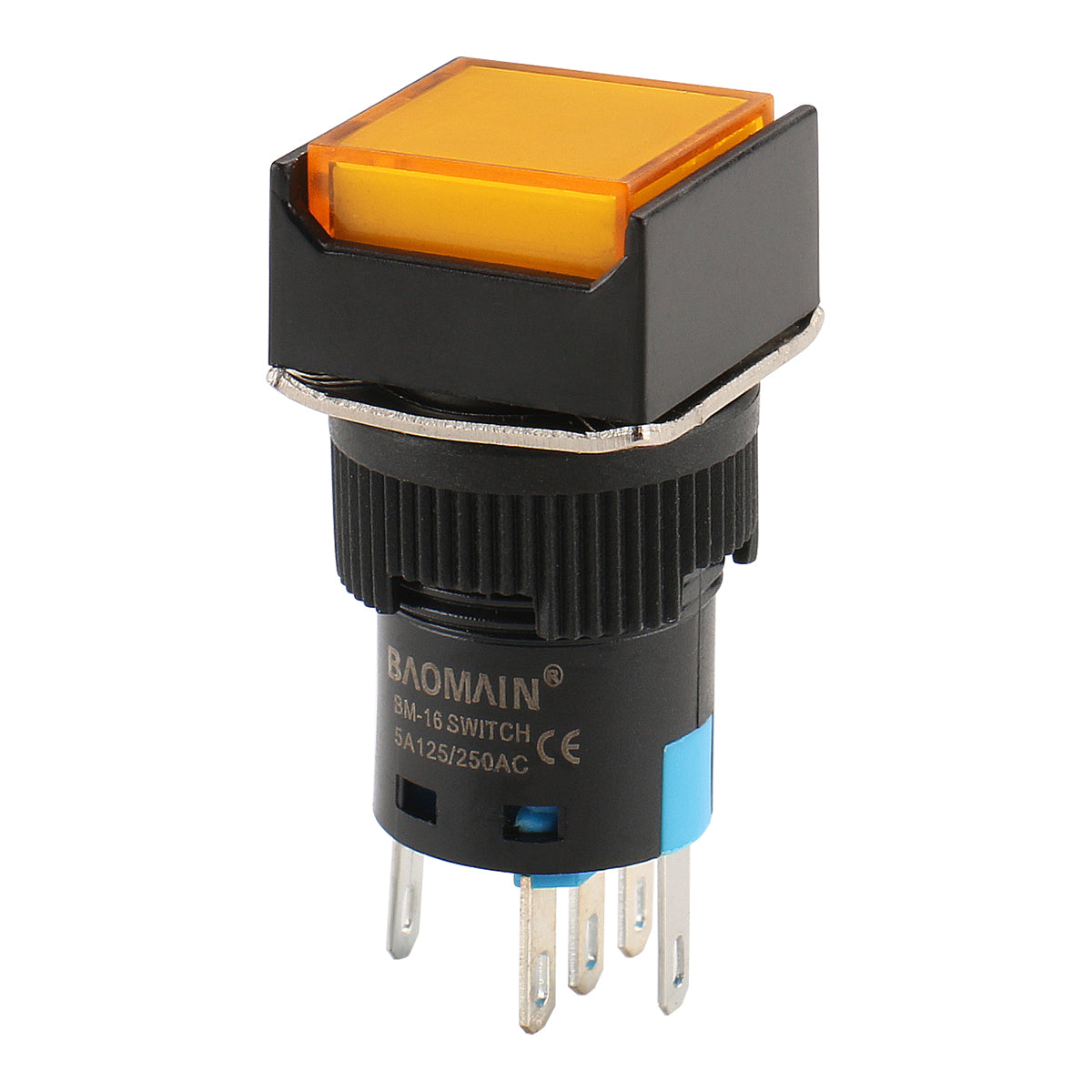 Baomain 16 mm Druckknopfschalter, quadratische Kappe, orange LED-Lampe, 12 V/24 V/110 V/220 V, SPDT, 5 Pins