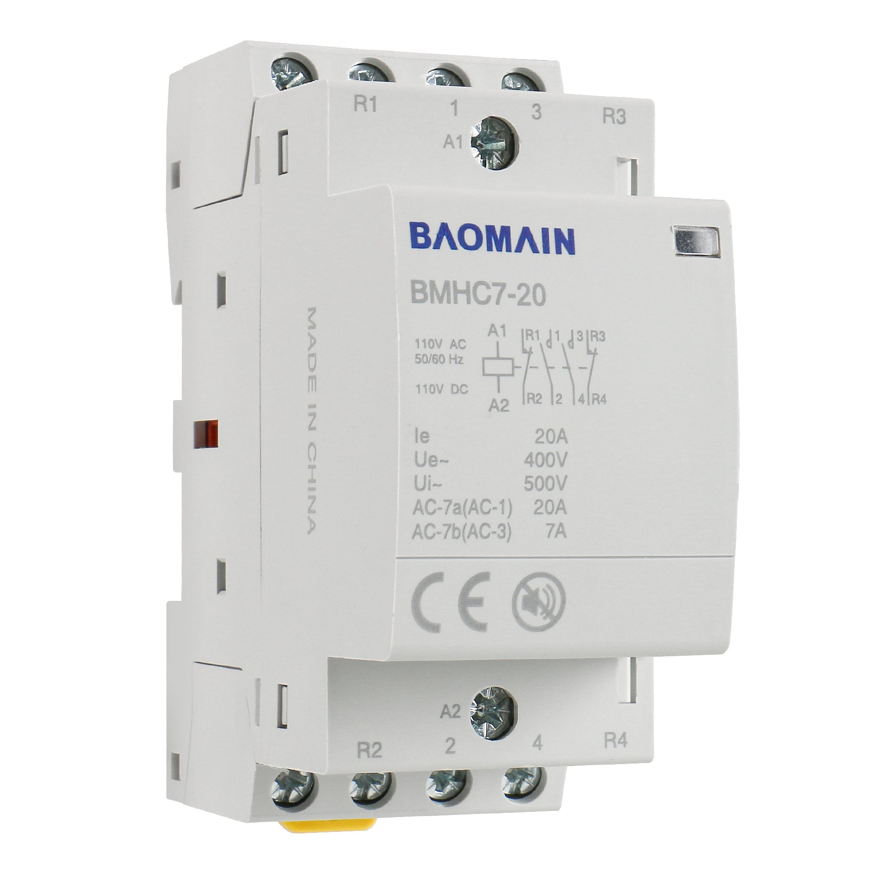 Baomain Hum-free DC/AC Modular Contactor 20A 4 Pole 12V/24V/110V/220V Circuit Control 35mm DIN Rail BMHC7-20