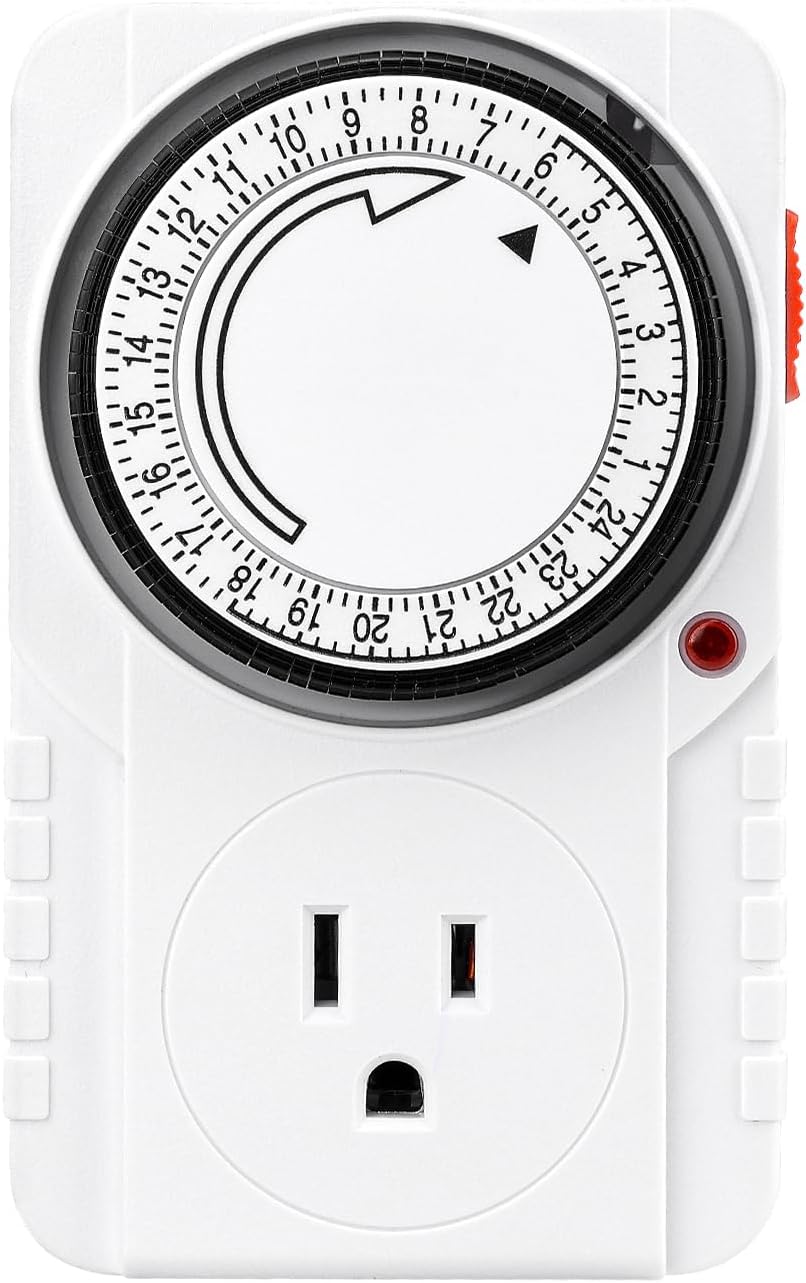 Baomain Mechanischer 24-Stunden-Timer für den Innenbereich, 15 A 125 VAC EIN/AUS-Timer für Einzelsteckdose mit Lastanzeige, 3-poliger Stecker-Timer BND-60/U39N, ETL-gelistet