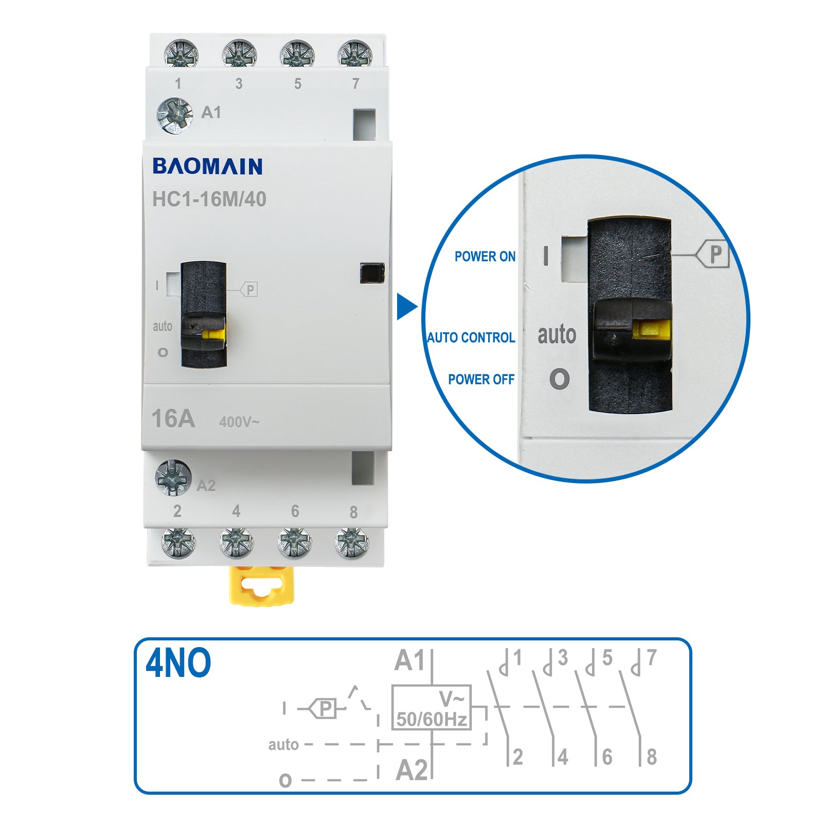 Baomain Manueller Haushalts-Wechselstromschütz HC1-16M 24 V/110 V/220 VAC 16 A 4-polig 50/60 Hz Modularer Schütz Schaltkreissteuerung 35 mm DIN-Schiene