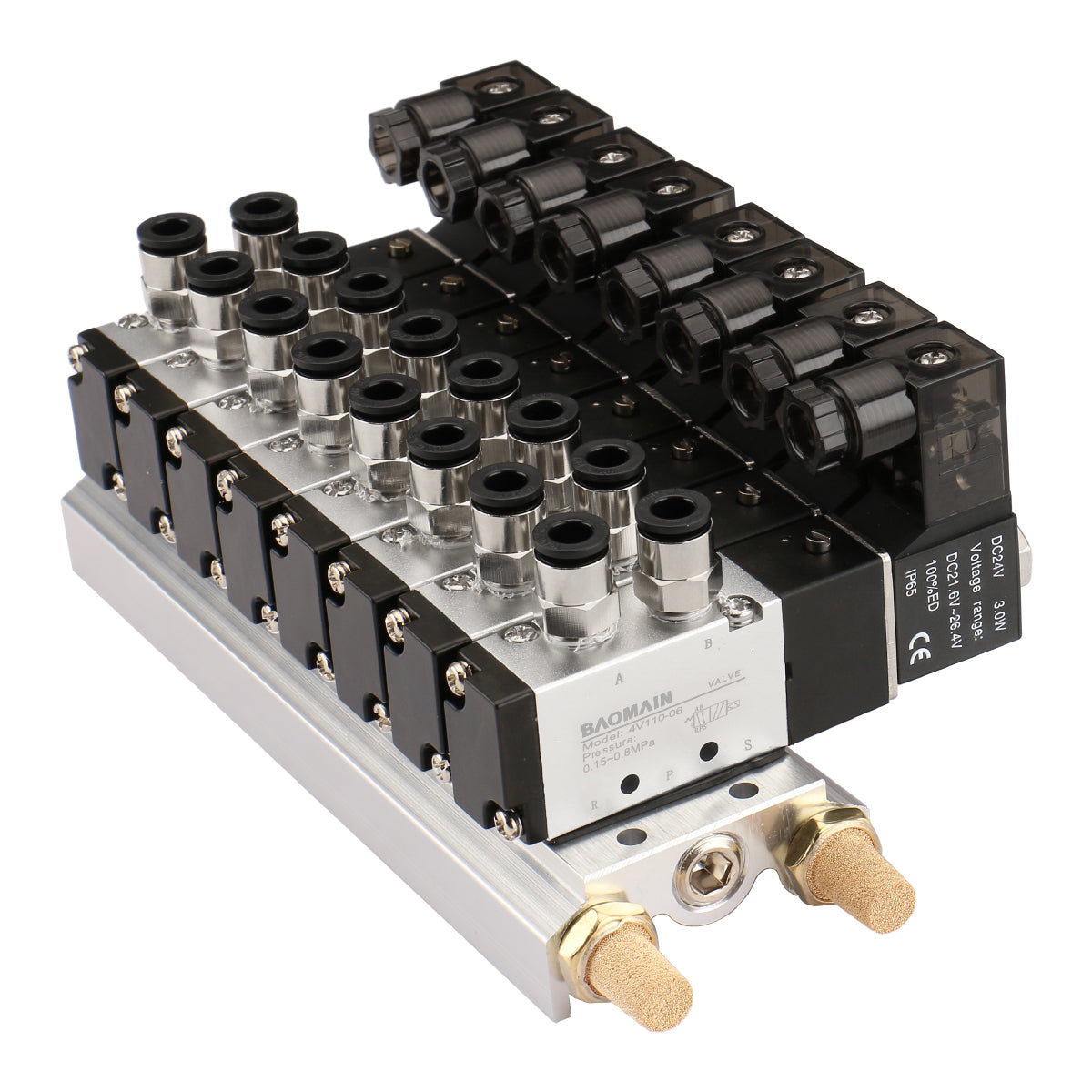Baomain 8 Space Pneumatisches Magnetventil 4V110-06 12 V/24 V/110 V/220 V PT1/8 Einzelkopf 2 Positionen 5 Wege mit Basisschalldämpfer Schnellmontagesatz
