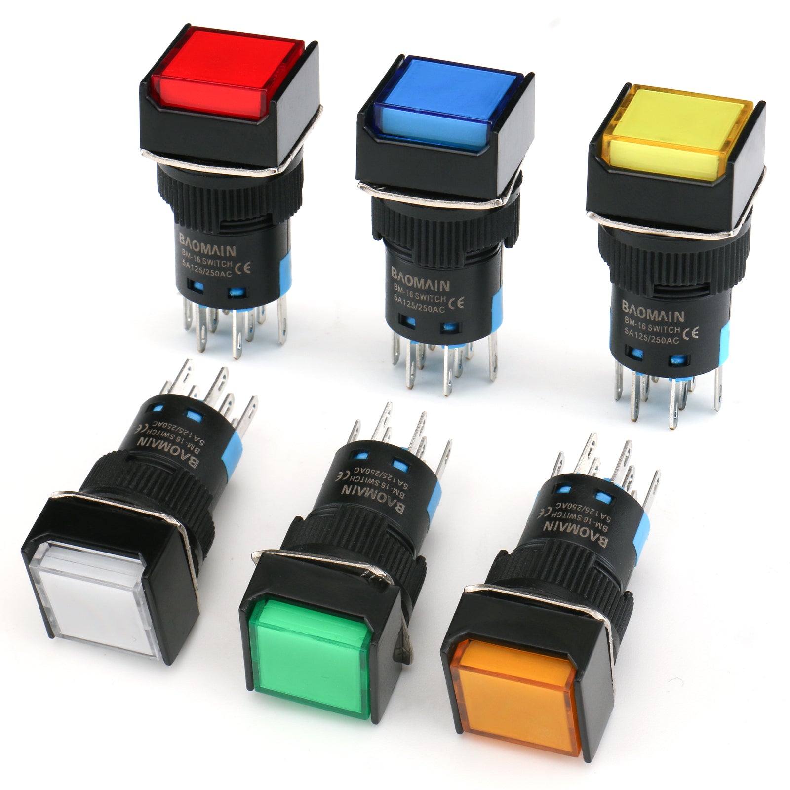 Baomain Druckknopfschalter, quadratische Kappe, 2 Schließer, 2 Öffner, verriegelnd/momentan, LED-Lampe, Rot, Gelb, Orange, Blau, Grün, Weißes Licht, 16 mm, DPDT, 8-polig, 5 Stück