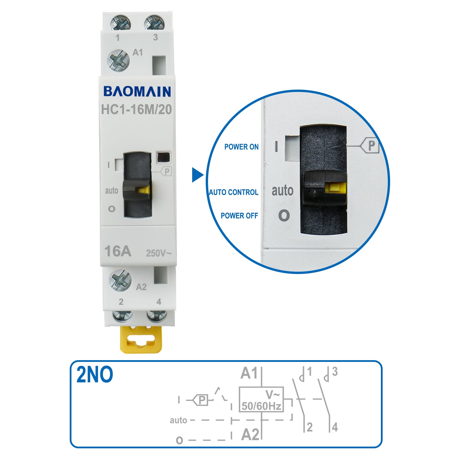 Baomain Manueller Haushalts-Wechselstromschütz HC1-16M 24 V/110 V/220 VAC 16 A 2-polig 50/60 Hz Modularer Schütz Schaltkreissteuerung 35 mm DIN-Schiene