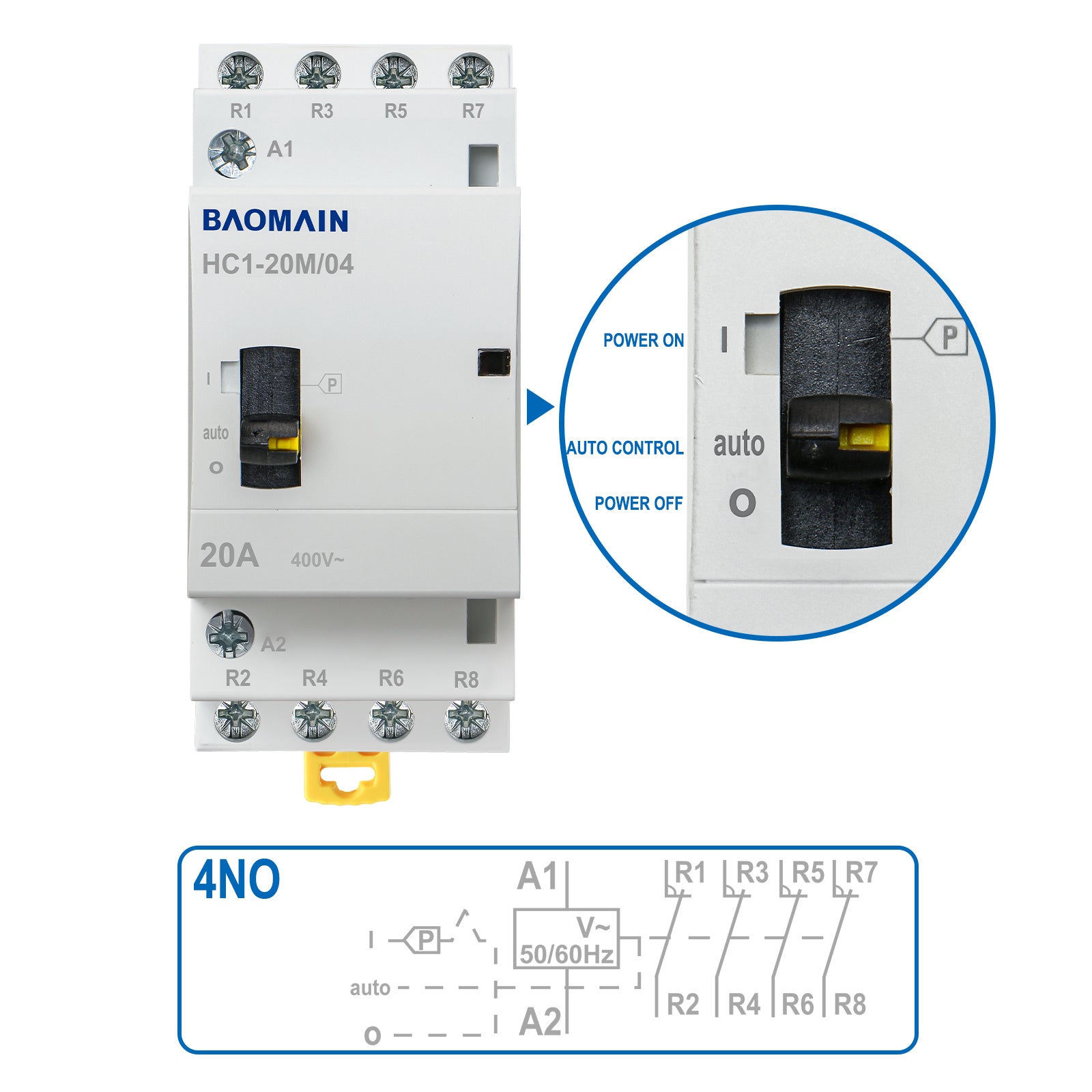 Baomain Manueller Haushalts-Wechselstromschütz HC1-20M 24 V/110 V/220 VAC 20 A 4-polig 50/60 Hz Modularer Schütz Schaltkreissteuerung 35 mm DIN-Schiene