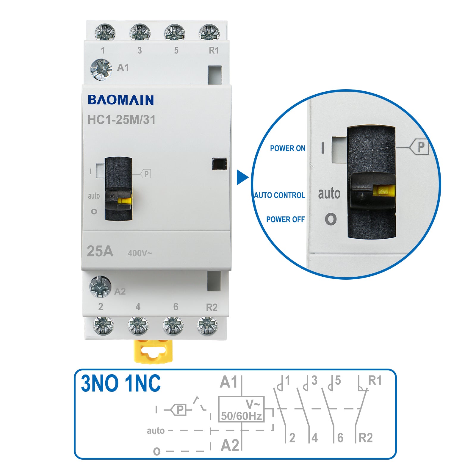Baomain Manueller Haushalts-Wechselstromschütz HC1-25M 24 V/110 V/220 VAC 25 A 4-polig 50/60 Hz Modularer Schütz Schaltkreissteuerung 35 mm DIN-Schiene