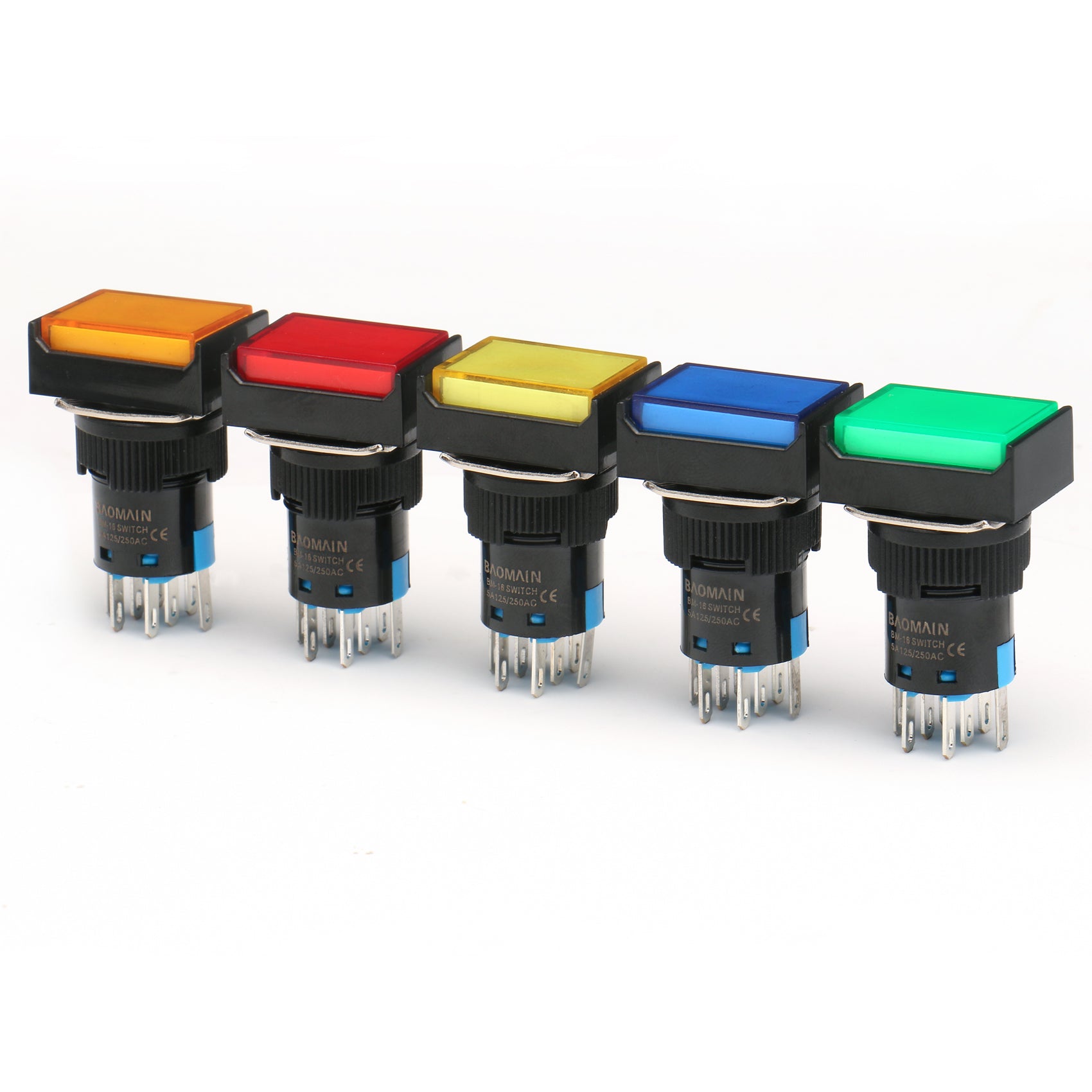Baomain Push Button Switch Rectangular Cap 2NO 2NC Latching/Momentary LED Lamp Red Yellow Orange Blue Green Light 16mm SPDT 8 Pin 5 Pack - BAOMAIN