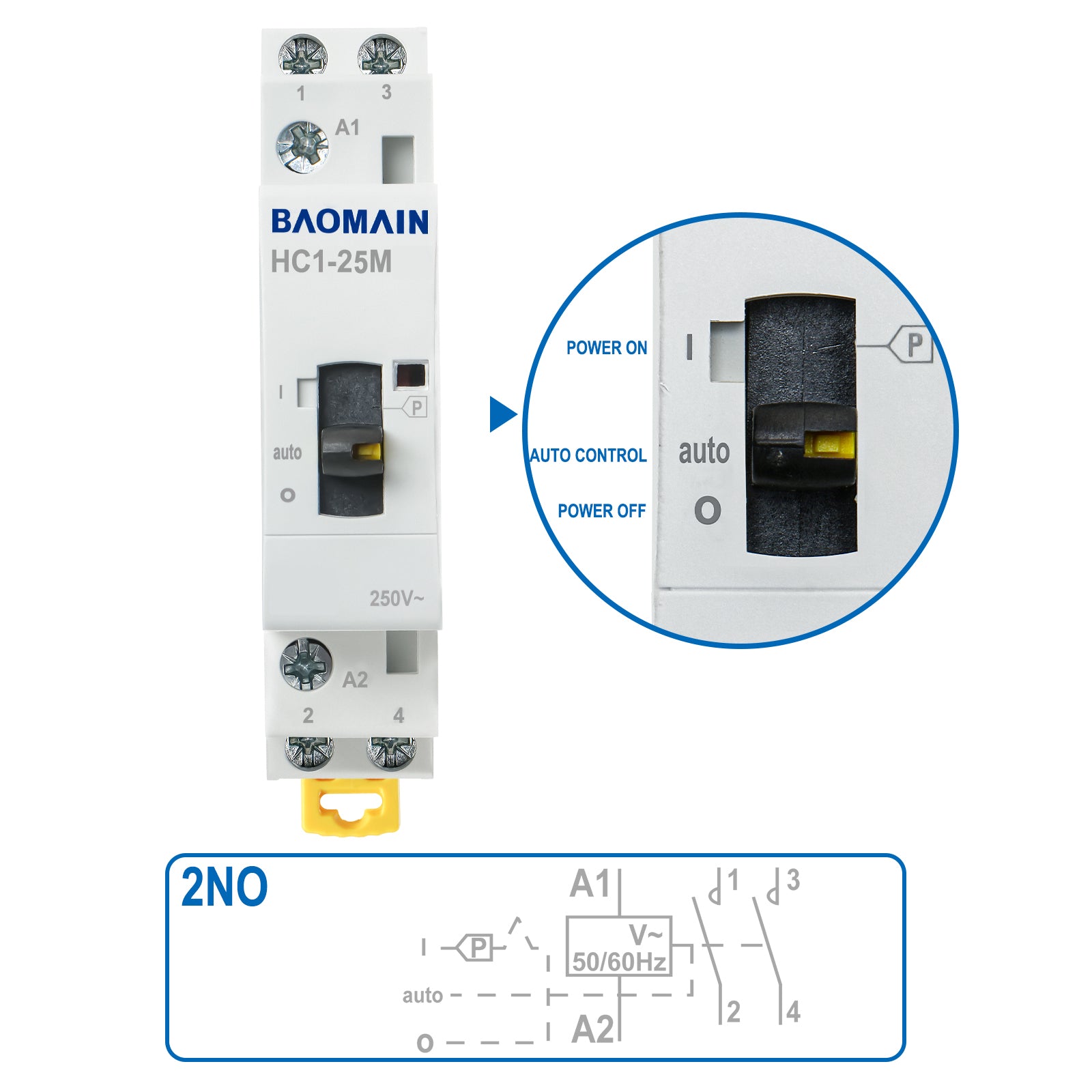 Baomain Manueller Haushalts-Wechselstromschütz HC1-25M 24 V/110 V/220 VAC 25 A 2-polig 50/60 Hz Modularer Schütz Schaltkreissteuerung 35 mm DIN-Schiene