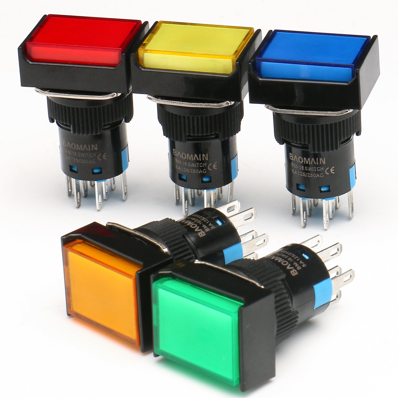 Baomain Push Button Switch Rectangular Cap 2NO 2NC Latching/Momentary LED Lamp Red Yellow Orange Blue Green Light 16mm SPDT 8 Pin 5 Pack - BAOMAIN