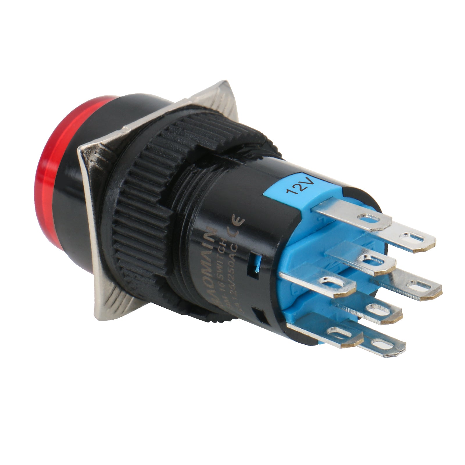 Baomain Druckknopfschalter, runde Kappe, 2 Schließer, 2 Öffner, verriegelnd/momentan, LED-Lampe, Rot, Gelb, Orange, Blau, Grünes Licht, 16 mm, DPDT, 8-polig, 5 Stück