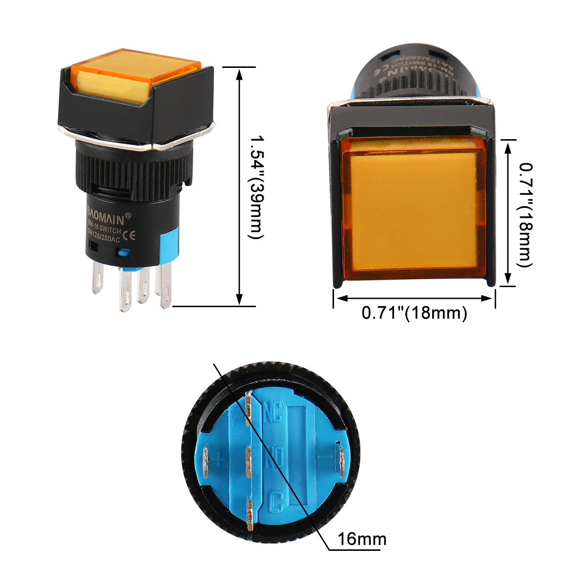 Baomain 16 mm Druckknopfschalter, quadratische Kappe, orange LED-Lampe, 12 V/24 V/110 V/220 V, SPDT, 5 Pins