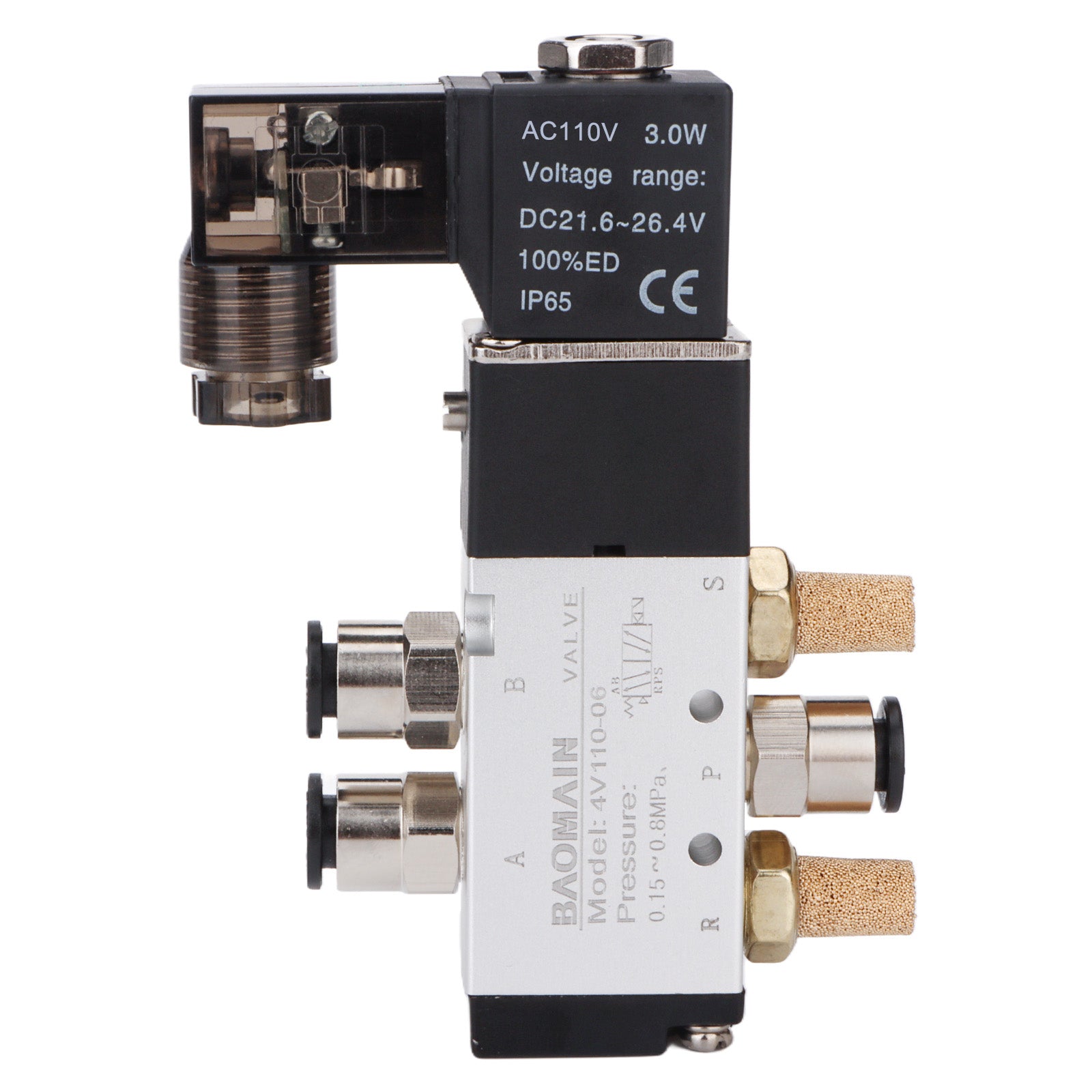 Baomain Pneumatisches Magnetventil PT 1/8 Zoll 4V110-06 12 V/24 V/110 V/220 V, Einzelspule, vorgesteuert, elektrisch, 2 Positionen, 5-Wege-Anschlusstyp