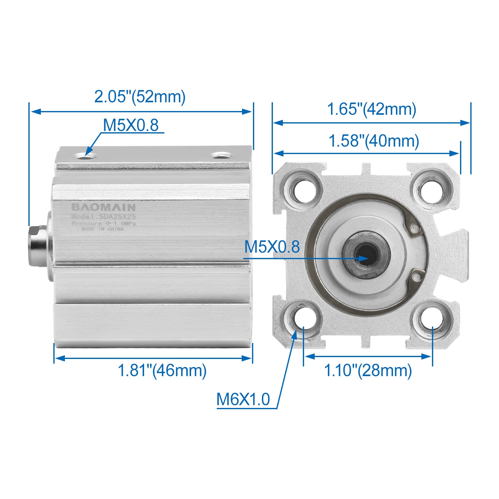 Baomain Compact Thin Pneumatic Air Cylinder SDA-25 Series 25mm Bore Double Action M5 Port - BAOMAIN
