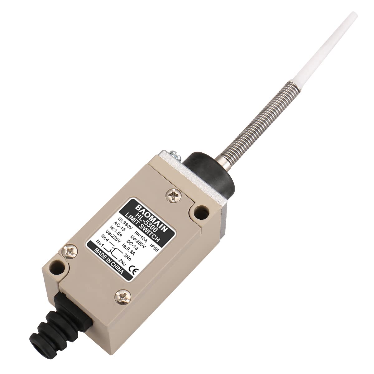 Baomain HL-5300 (TZ-1166) Flexibler Endschalter mit Schraubenfederstößel, 1 Öffner + 1 Schließer, 380 V, 10 A, IP65