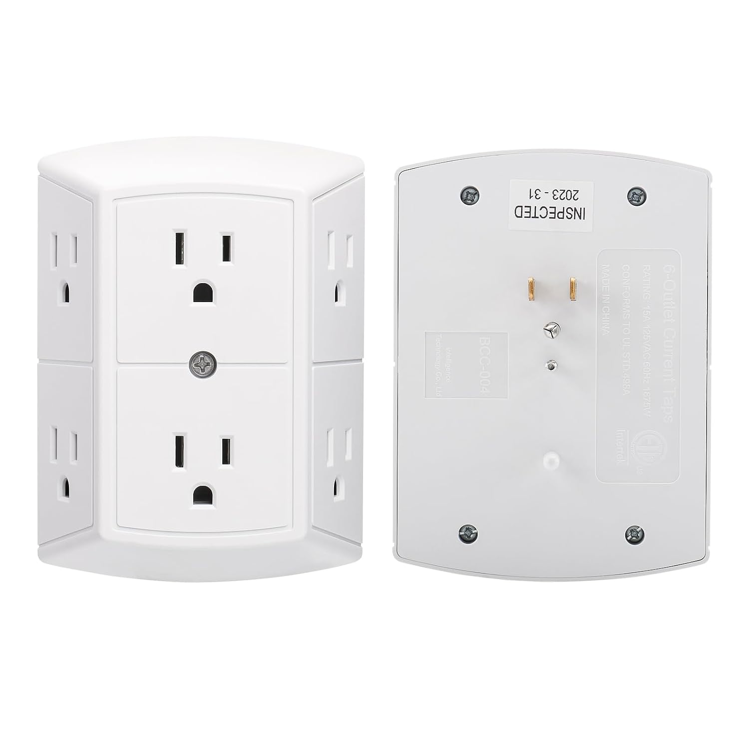 BAOMAIN Mehrfachsteckdosen-Verlängerung, AC 125 V, 15 A, 6 Steckdosen, Wandsteckdose, Verteilerstromversorgung mit ETL-gelisteter Leiste für Schule, Zuhause, Büro, Hotel, BCC-004, Weiß