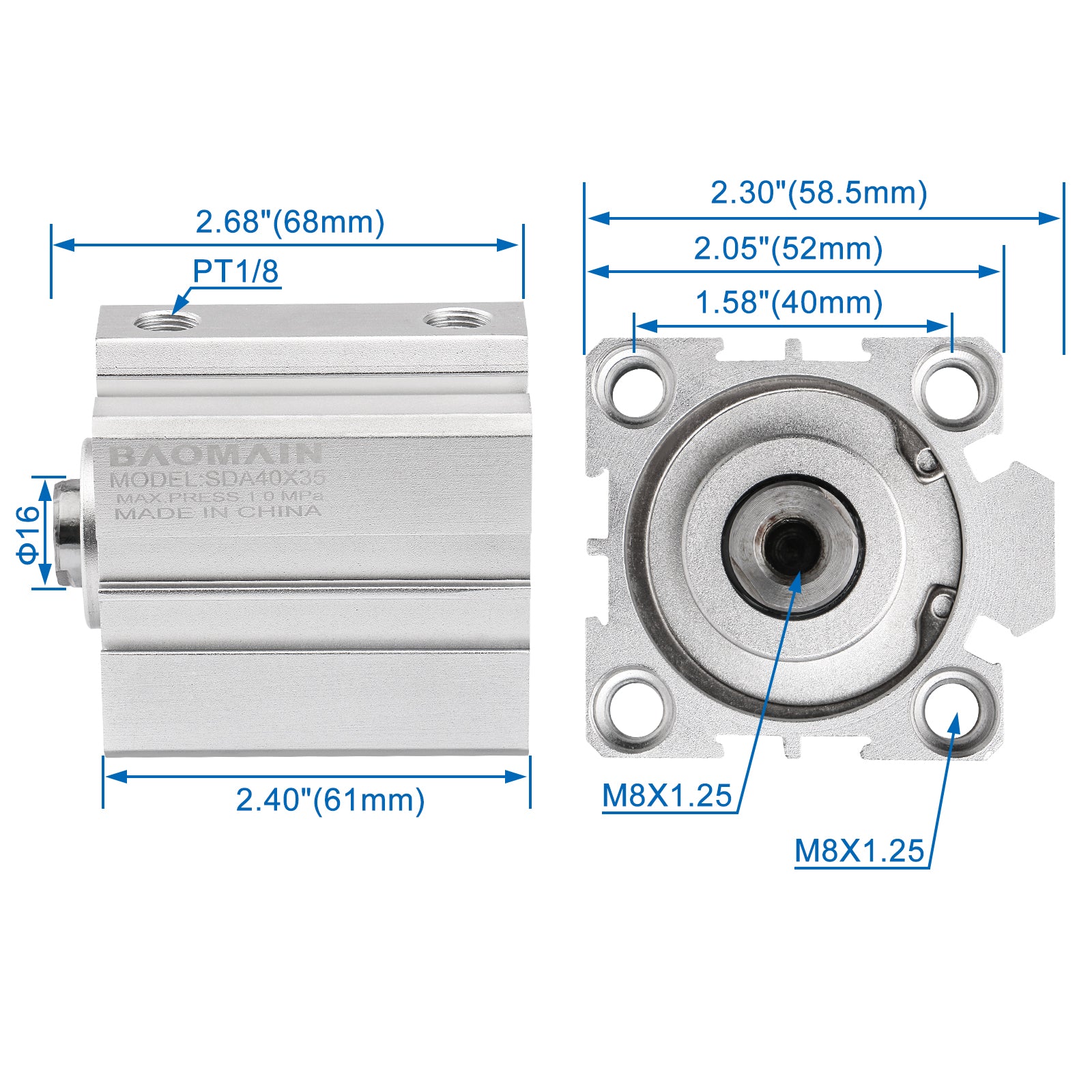 Baomain Compact Thin Pneumatic Air Cylinder SDA-40 40mm Bore Double Action PT1/8 Port - BAOMAIN
