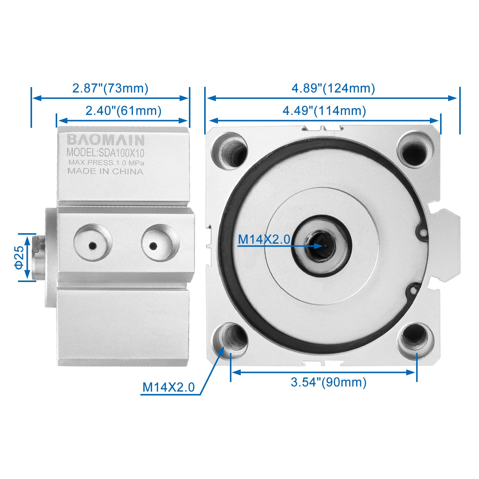 Baomain Compact Thin Pneumatic Air Cylinder SDA-100 Series 100mm Bore Double Action PT3/8 Port - BAOMAIN
