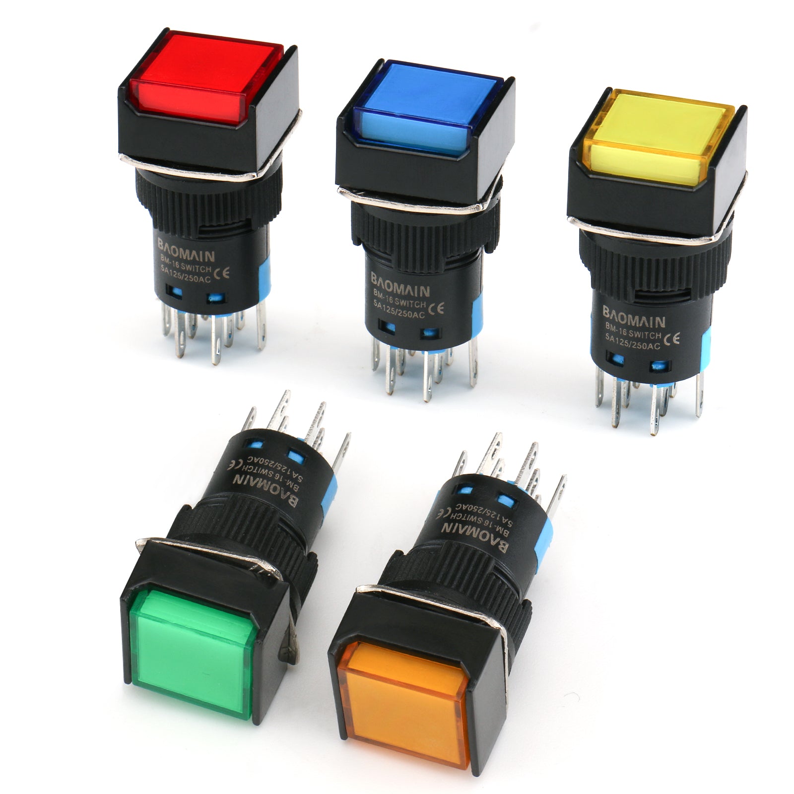 Baomain Druckknopfschalter, quadratische Kappe, 2 Schließer, 2 Öffner, verriegelnd/momentan, LED-Lampe, rot, gelb, orange, blau, grünes Licht, 16 mm, DPDT, 8-polig, 5 Stück