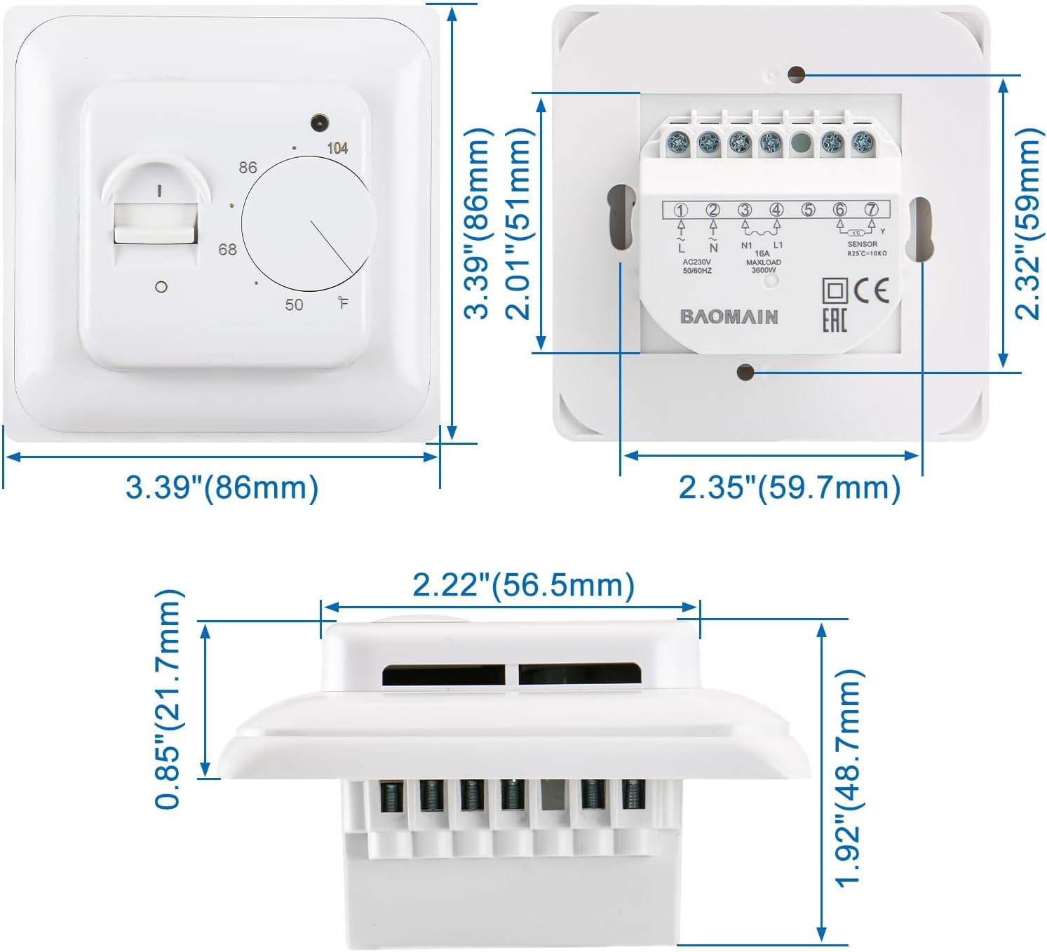 Baomain Home Nicht programmierbare Thermostate, Grad Fahrenheit ℉, manuelle Temperatursteuerung für Fußbodenheizung, 230 V-240 V AC, 16 A, 4 Drähte