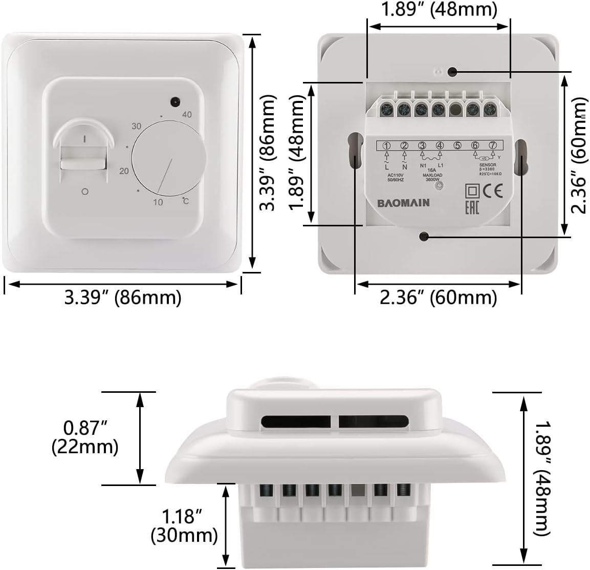 Baomain Home Nonprogrammable Thermostats, Radiant Floor Heating Temperature Manual Controller 110-120V AC 16A 4 Wire (Degrees Celsius °C) - BAOMAIN