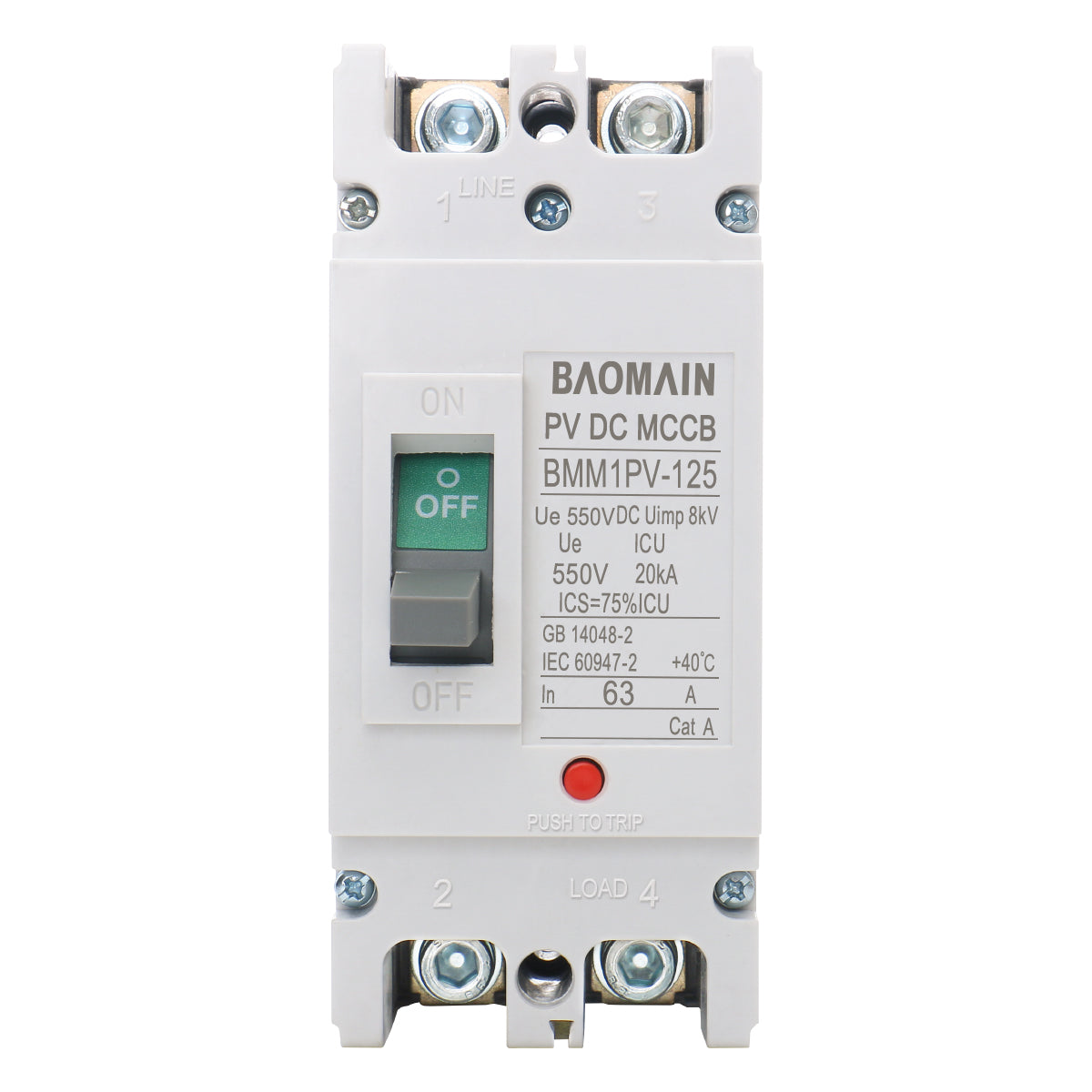 Baomain DC-Leistungsschalter für netzunabhängige Solarsysteme, 63 A/80 A/100 A/125 A, 2-polig, DC 550 V, geformtes Gehäuse, IP20, DC MCCB BMM1PV-125