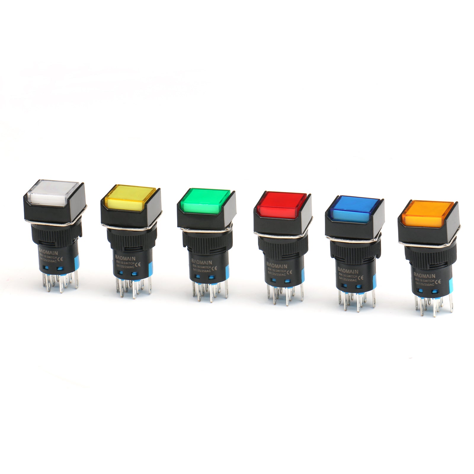 Baomain Druckknopfschalter, quadratische Kappe, 2 Schließer, 2 Öffner, verriegelnd/momentan, LED-Lampe, Rot, Gelb, Orange, Blau, Grün, Weißes Licht, 16 mm, DPDT, 8-polig, 5 Stück