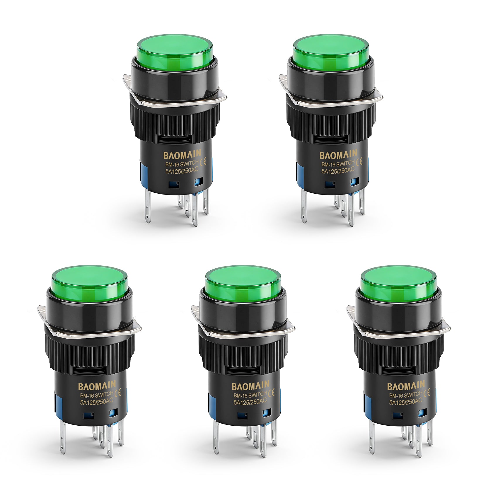 Baomain 16mm Green Round Momentary Push Button Switch 12v 24v 110v