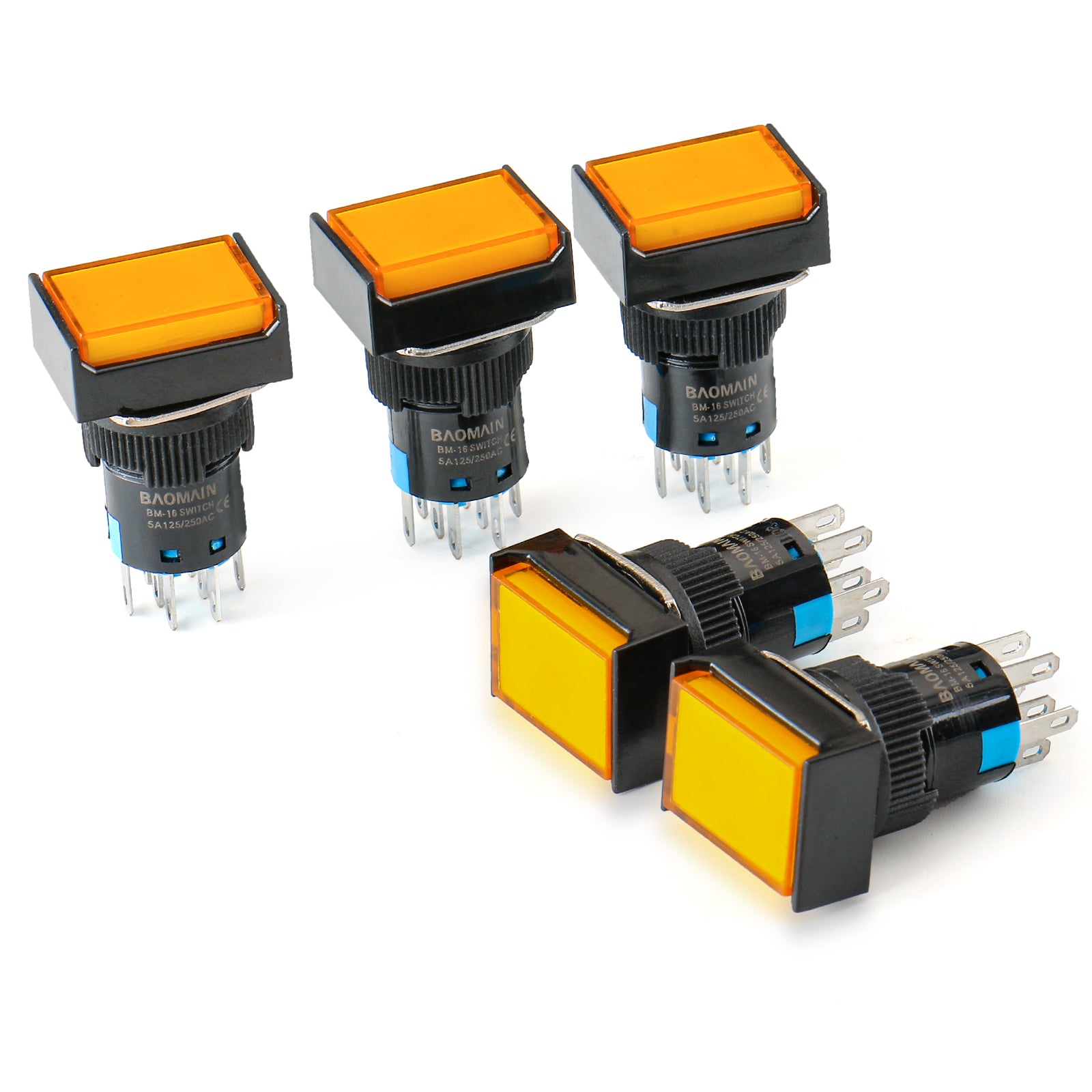 Baomain Druckknopfschalter, rechteckige Kappe, 2 Schließer, 2 Öffner, verriegelnd/momentan, LED-Lampe, Rot, Gelb, Orange, Blau, Grün, weißes Licht, 16 mm, DPDT, 8-polig, 5 Stück