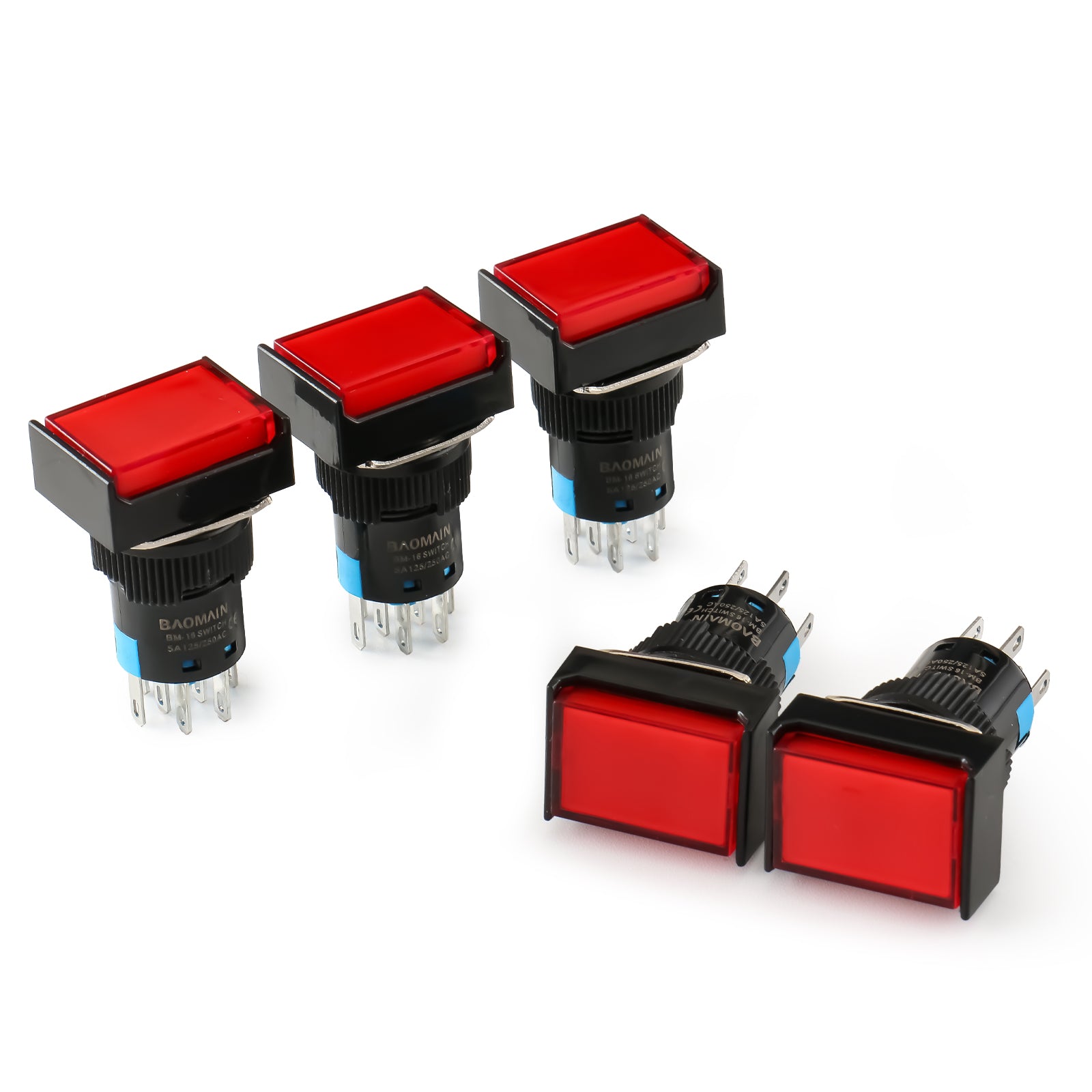Baomain Druckknopfschalter, rechteckige Kappe, 2 Schließer, 2 Öffner, verriegelnd/momentan, LED-Lampe, Rot, Gelb, Orange, Blau, Grün, weißes Licht, 16 mm, DPDT, 8-polig, 5 Stück