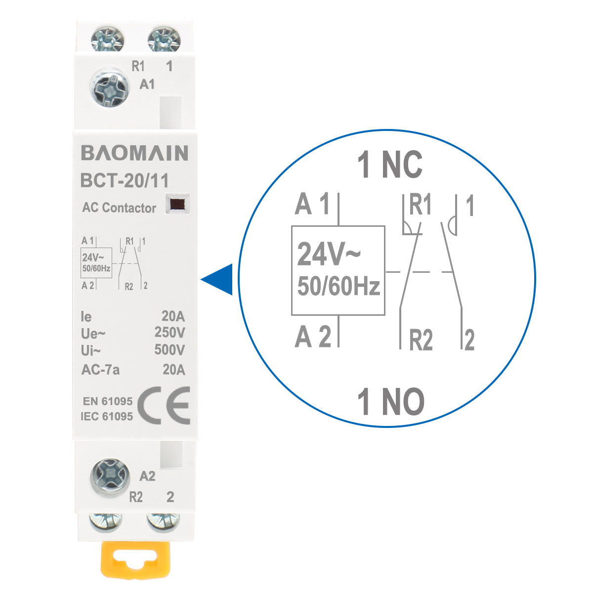 Baomain 2-Pole AC Contactor, HC1-20/20, AC 12 V, AC 24 V, AC 110 V, AC 220 V, 35 mm DIN-Rail Mount - BAOMAIN