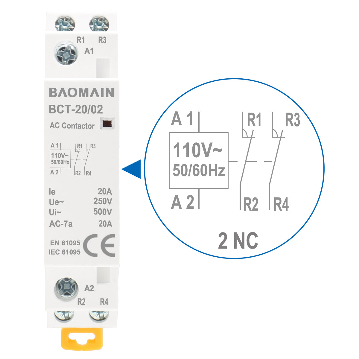 Baomain 2-Pole AC Contactor, HC1-20/20, AC 12 V, AC 24 V, AC 110 V, AC 220 V, 35 mm DIN-Rail Mount - BAOMAIN