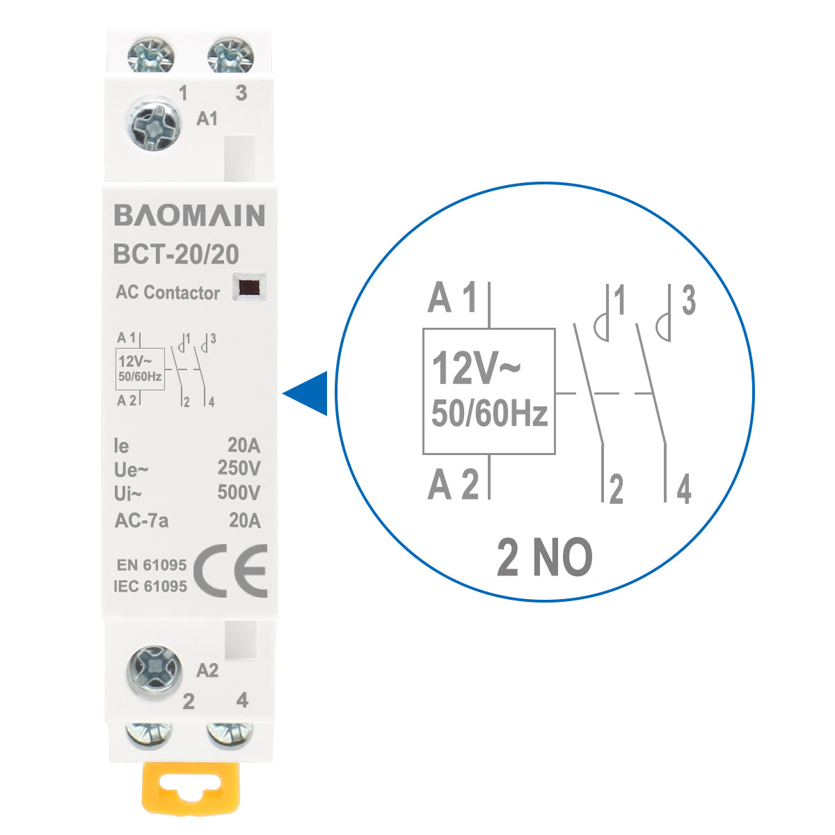 Baomain 2-Pole AC Contactor, HC1-20/20, AC 12 V, AC 24 V, AC 110 V, AC 220 V, 35 mm DIN-Rail Mount - BAOMAIN