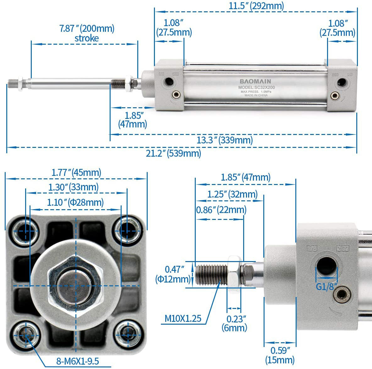Baomain Pneumatischer Luftzylinder SC 32-200, 32 mm Bohrung, 200 mm Hub, verschraubte Kolbenstange, doppeltwirkend
