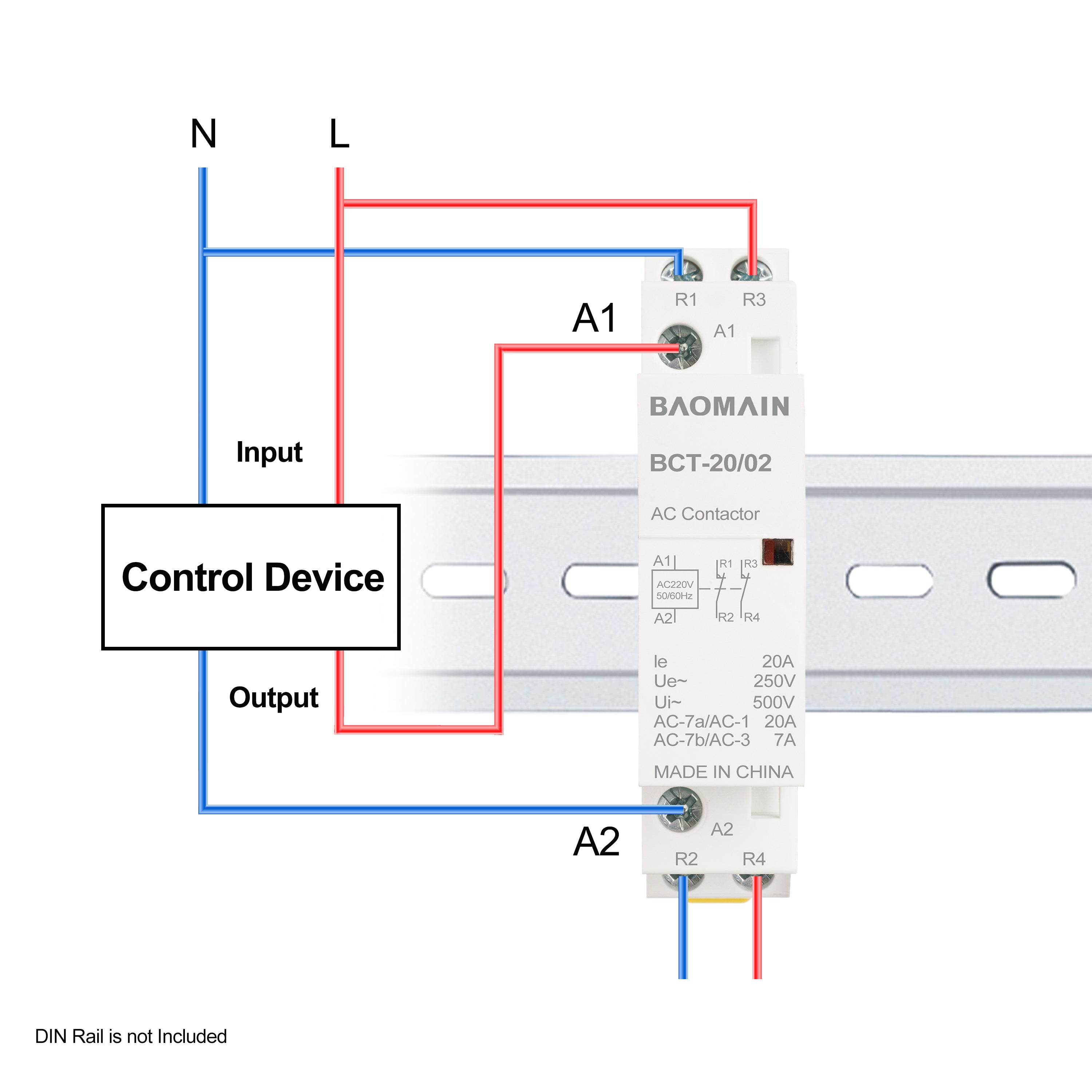 Baomain 2-Pole AC Contactor, HC1-20/20, AC 12 V, AC 24 V, AC 110 V, AC 220 V, 35 mm DIN-Rail Mount - BAOMAIN