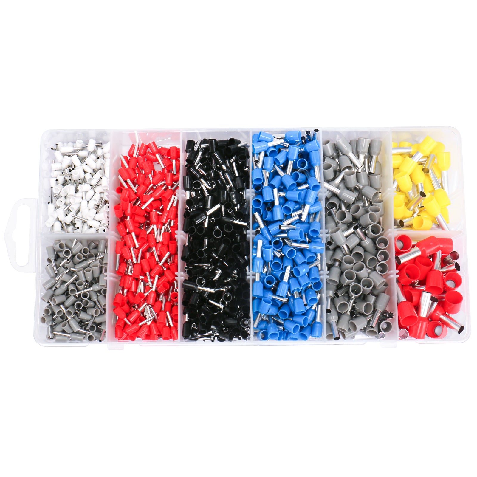 Baomain 1200-teiliges Draht-Kupfer-Crimp-Steckverbinder-Set AWG 22/20/18/16/14/12/10/8 Verschiedene isolierte Aderendhülsen-Stiftkabel-Endklemmen-Set Weiß Grau Rot Schwarz Blau Gelb