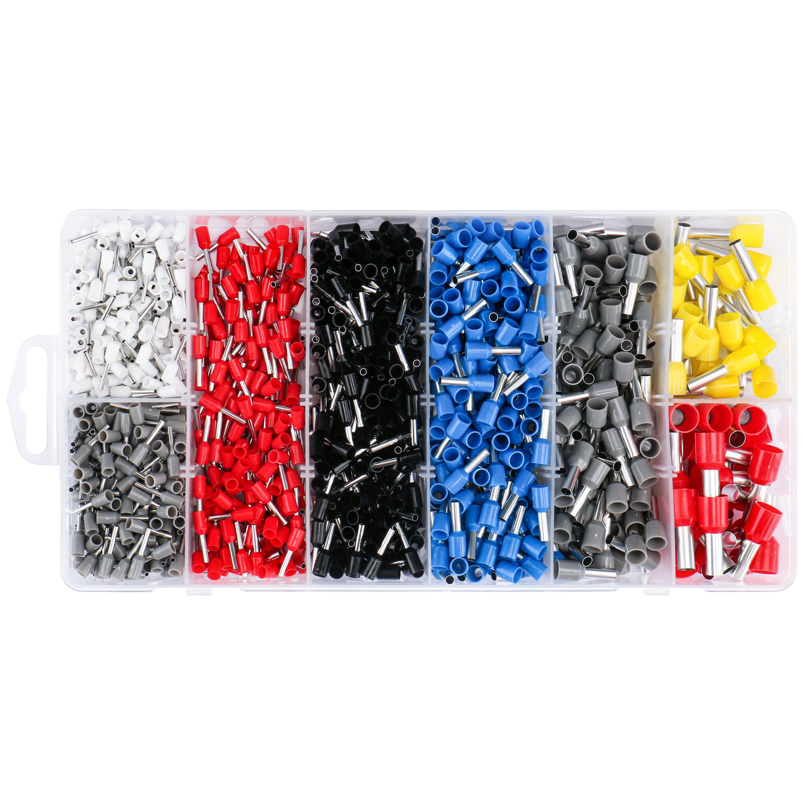 Baomain 1250-teiliges Draht-Kupfer-Crimp-Steckverbinder-Set AWG 22/20/18/16/14/12/10/8 Verschiedene isolierte Aderendhülsen-Stiftkabel-Endklemmen-Set Weiß Grau Rot Schwarz Blau Gelb