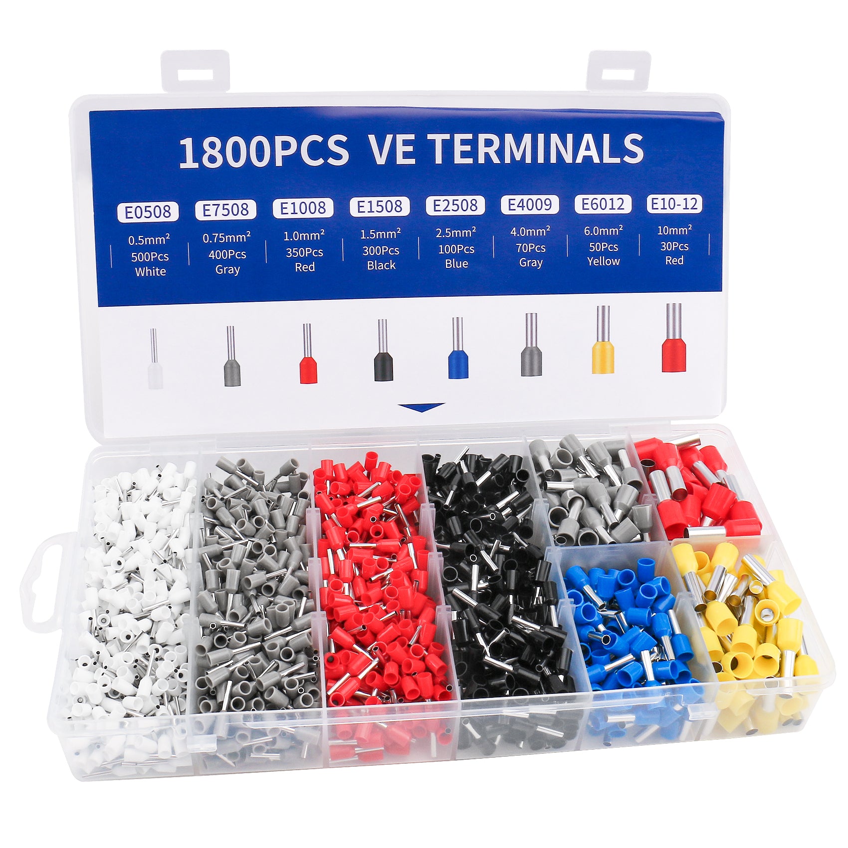Baomain 1800-teiliges Draht-Kupfer-Crimp-Steckverbinder-Set AWG 22/20/18/16/14/12/10/8 Verschiedene isolierte Aderendhülsen-Stiftkabel-Endklemmen-Set Weiß Grau Rot Schwarz Blau Grau Gelb