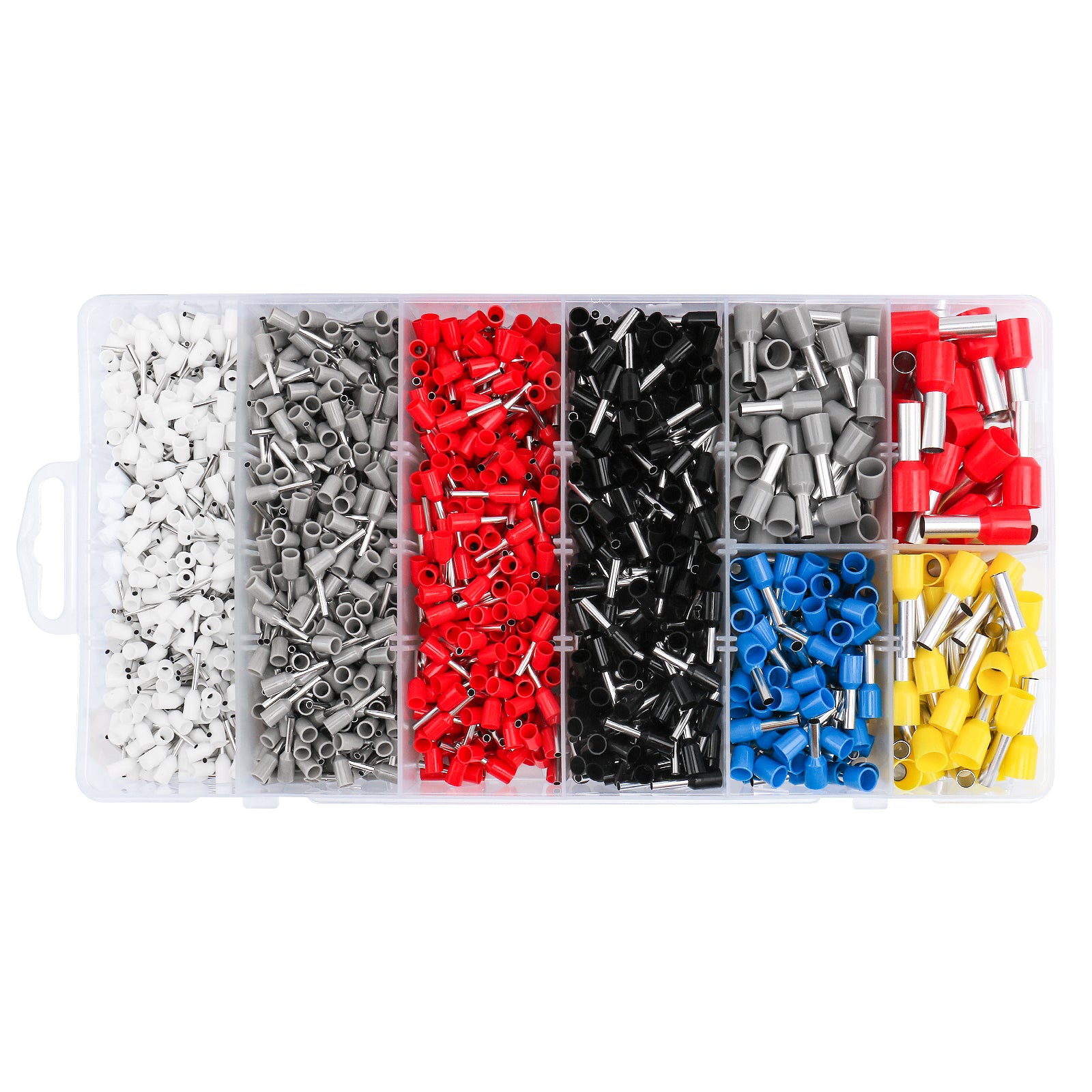 Baomain 1800-teiliges Draht-Kupfer-Crimp-Steckverbinder-Set AWG 22/20/18/16/14/12/10/8 Verschiedene isolierte Aderendhülsen-Stiftkabel-Endklemmen-Set Weiß Grau Rot Schwarz Blau Grau Gelb