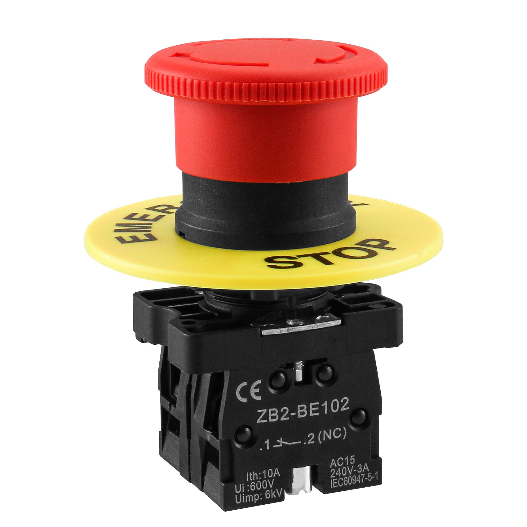 Baomain 22mm Push Button Switch, 2NC N/C Red Mushroom Emergency Stop, 600V 10A, ZB2-BE102