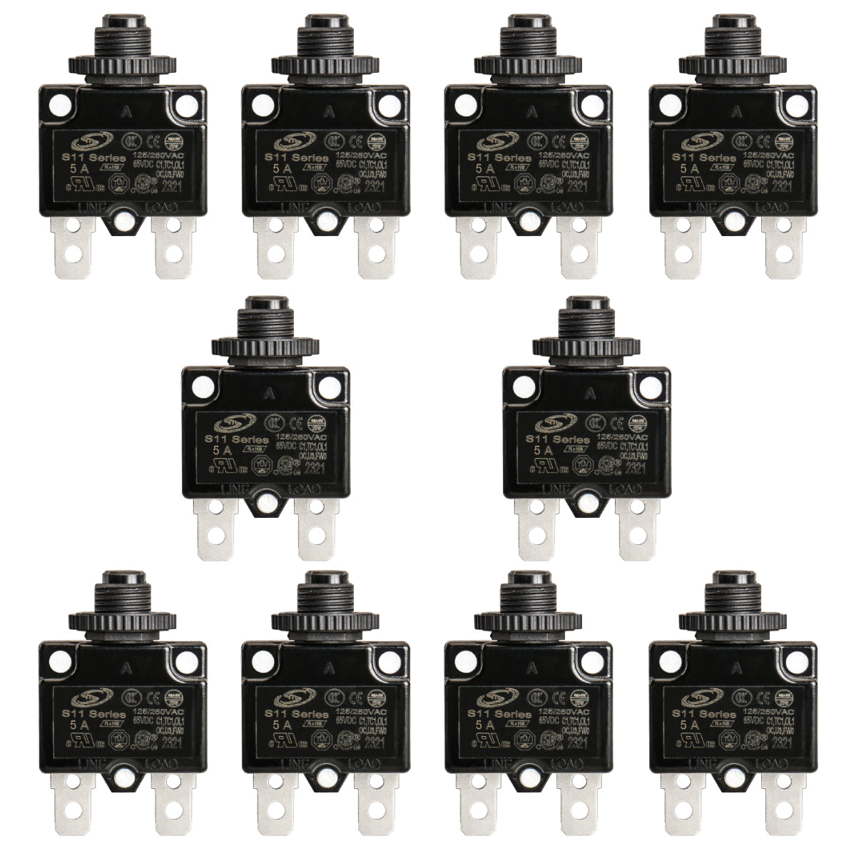 Baomain Leistungsschalter Thermischer Überlastschutz, S11-Serie 125/250 VAC/65 VDC gerade Klemme, manuell zurücksetzbarer thermischer Leistungsschalter Schwarz UL CE-gelistet 3A/4A/5A/6A/7A/8A/9A/10A/11A/12A/13A/14A/15A/16A/17A/18A/20A