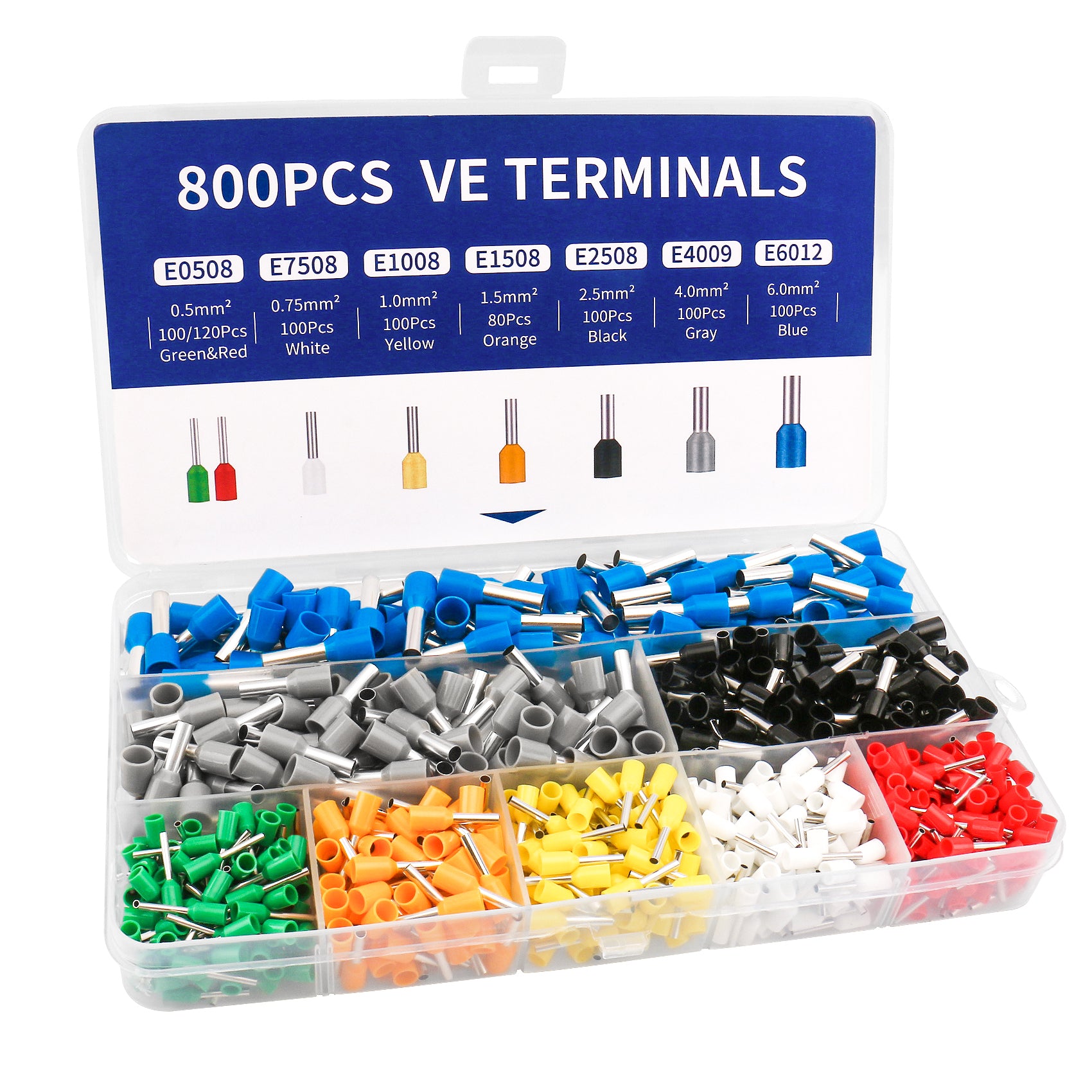 Baomain 800-teiliges Draht-Kupfer-Crimp-Verbinder-Set AWG 22/20/18/16/14/12/10, verschiedene isolierte Aderendhülsen, Stiftkabel-Endklemmen-Set, Blau, Grau, Schwarz, Grün, Orange, Gelb, Weiß, Rot