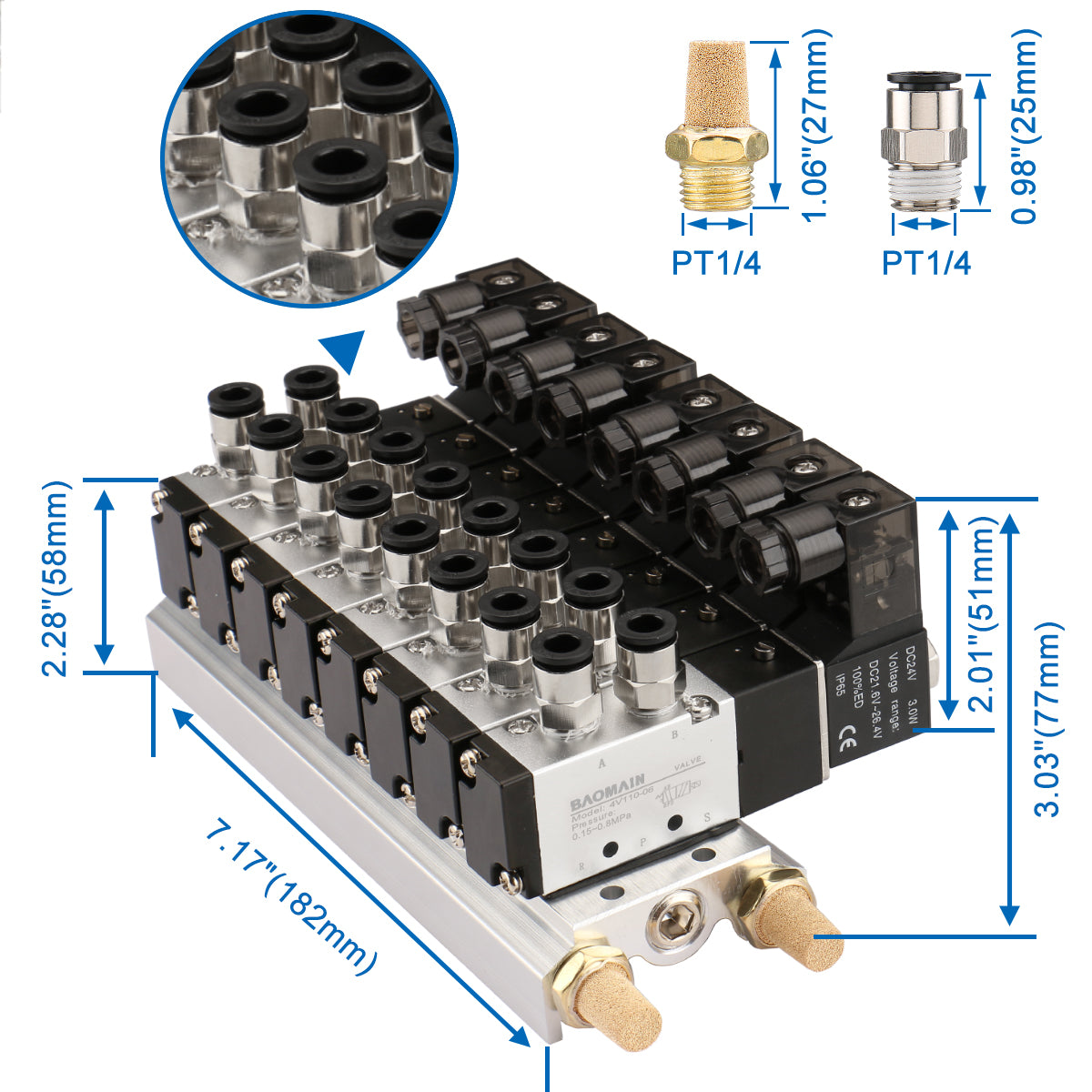 Baomain 8 Space Pneumatisches Magnetventil 4V110-06 12 V/24 V/110 V/220 V PT1/8 Einzelkopf 2 Positionen 5 Wege mit Basisschalldämpfer Schnellmontagesatz