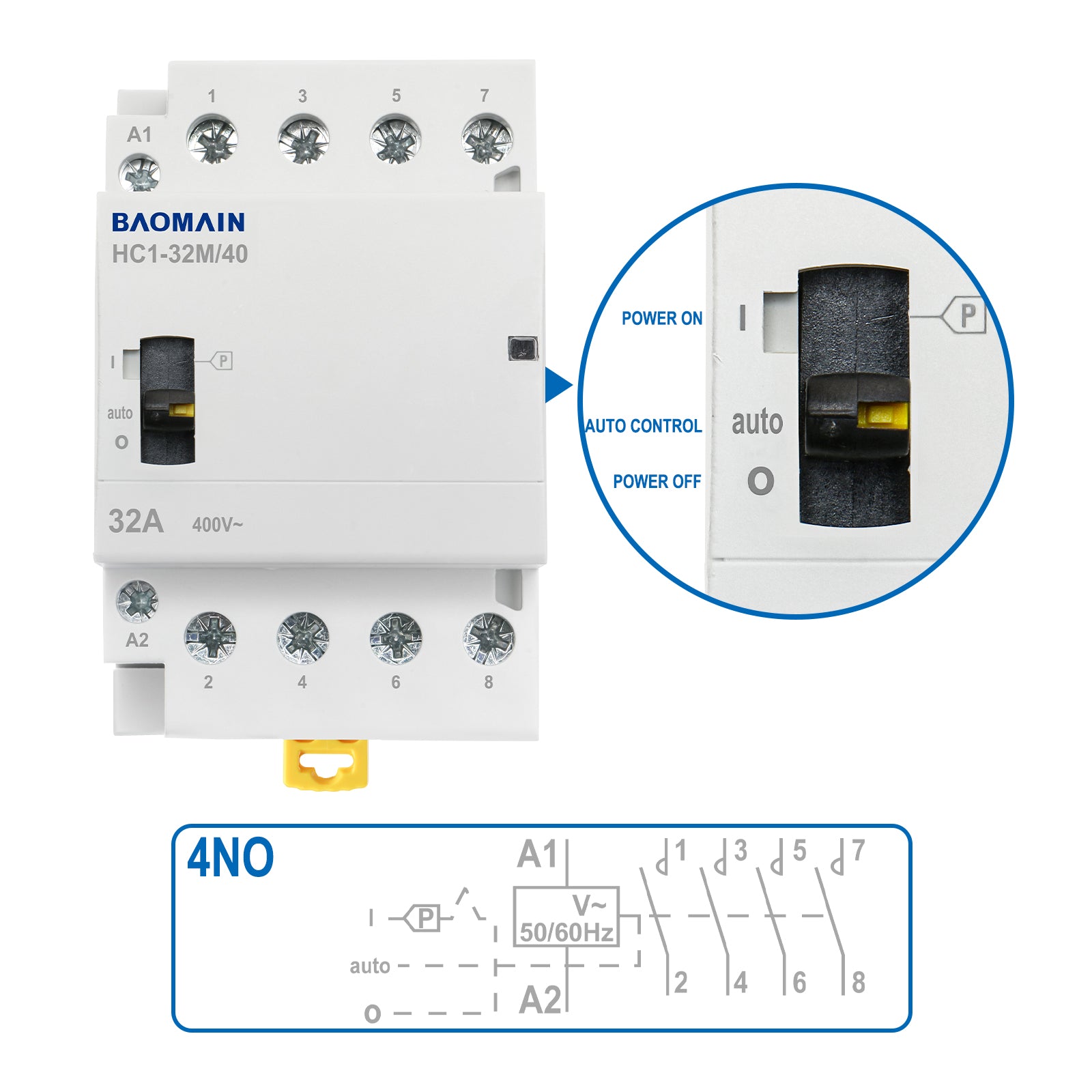 Baomain Manueller Haushalts-Wechselstromschütz HC1-32M 24 V/110 V/220 VAC 32 A 4-polig 50/60 Hz Modularer Schütz Schaltkreissteuerung 35 mm DIN-Schiene