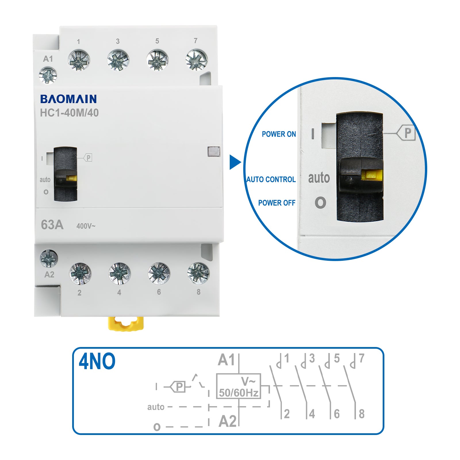 Baomain Manueller Haushalts-Wechselstromschütz HC1-40M 24 V/110 V/220 VAC 40 A 4-polig 50/60 Hz Modularer Schütz Schaltkreissteuerung 35 mm DIN-Schiene