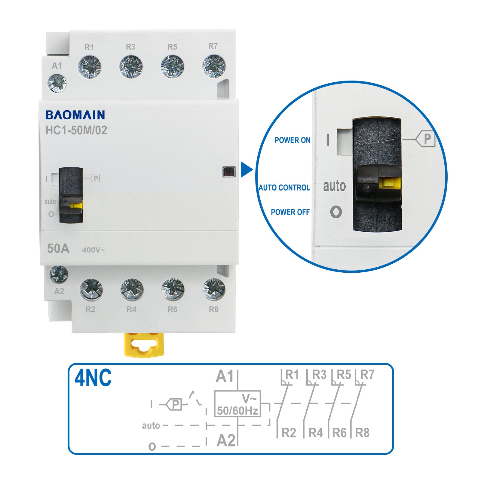Baomain Manueller Haushalts-Wechselstromschütz HC1-50M 24 V/110 V/220 VAC 50 A 4-polig 50/60 Hz Modularer Schütz-Schaltkreissteuerung 35 mm DIN-Schiene