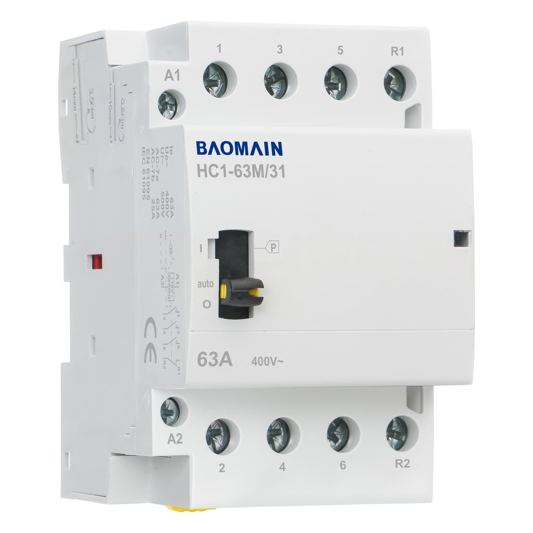 Baomain Manueller Haushalts-Wechselstromschütz HC1-63M 24 V/110 V/220 VAC 63 A 4-polig 50/60 Hz Modularer Schütz Schaltkreissteuerung 35 mm DIN-Schiene