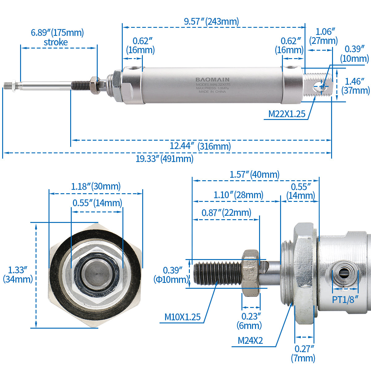Baomain Mini-Luftzylinder MAL 32 x 175, 1-1/4 Zoll Bohrung, 7 Zoll Hub, PT 1/8 Einzel-Außengewindestange, Doppelwirkung