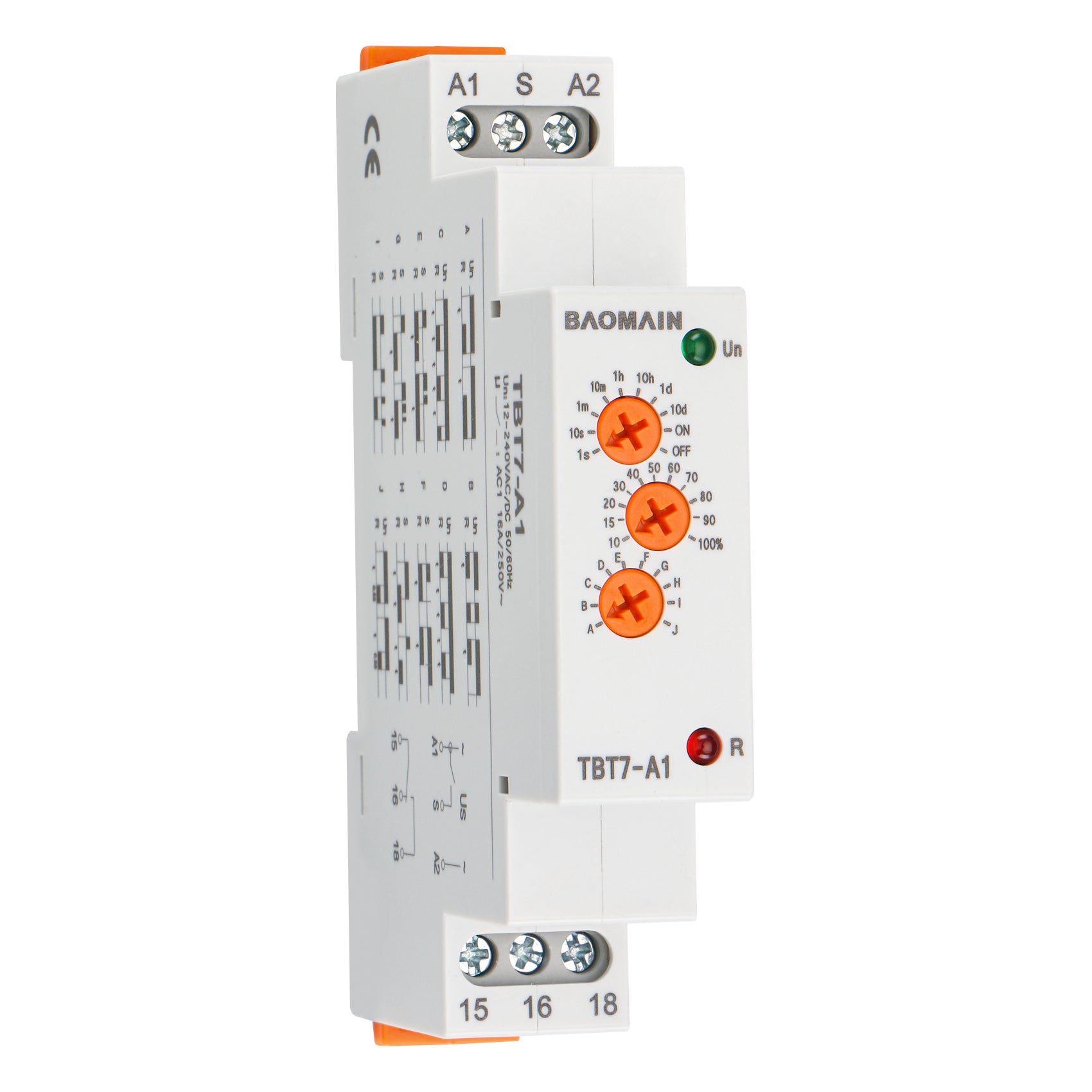 Baomain TBT7-A1 Multi-Function Timer Relay – 10 Timing Modes, 16A SPDT Output, DIN Rail Mount
