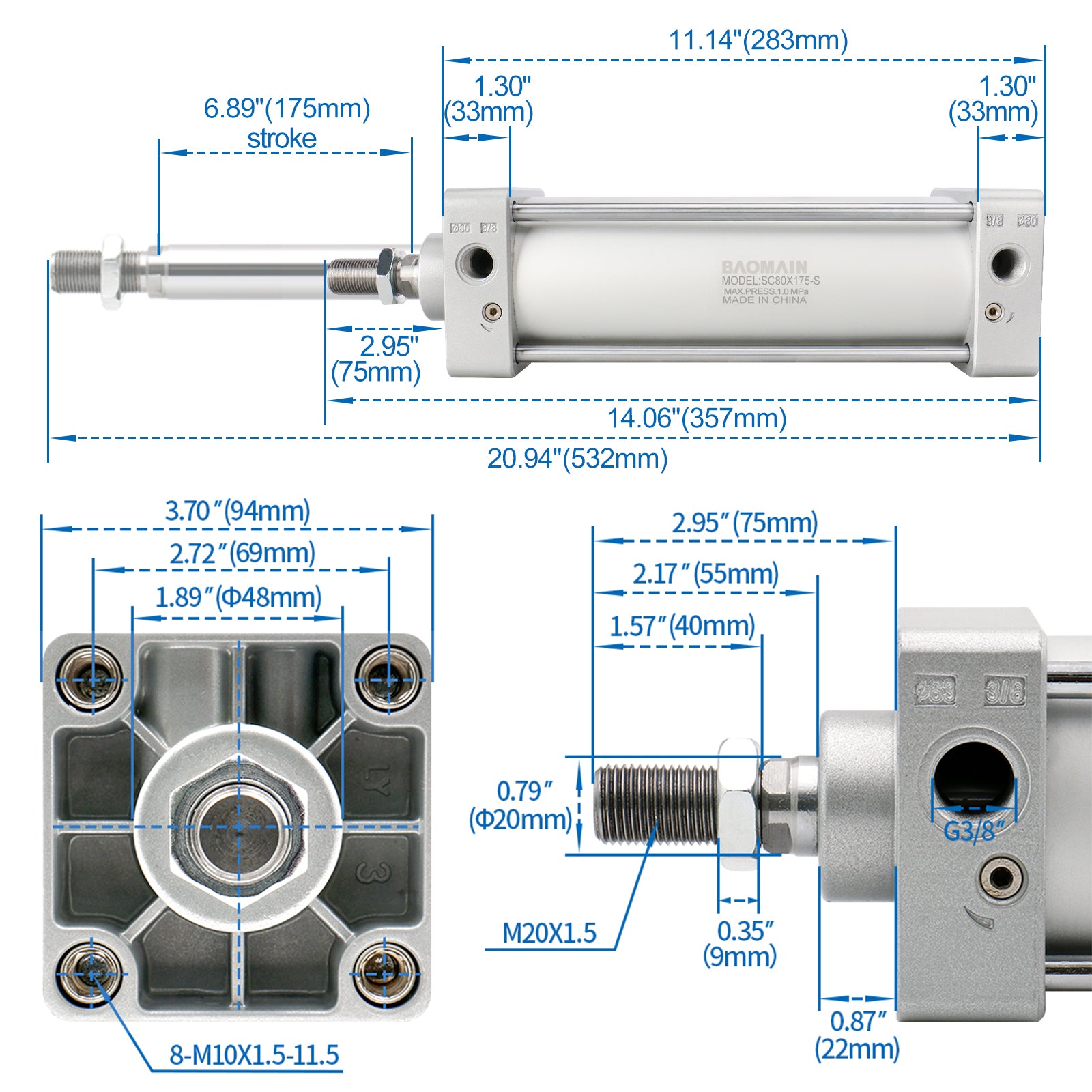 Baomain Pneumatischer Luftzylinder mit Magneten SC 80 x 175-S PT 3/8'', Bohrung: 80mm, Hub: 175mm(7''), verschraubte Kolbenstange Dual Action 1,0 Mpa